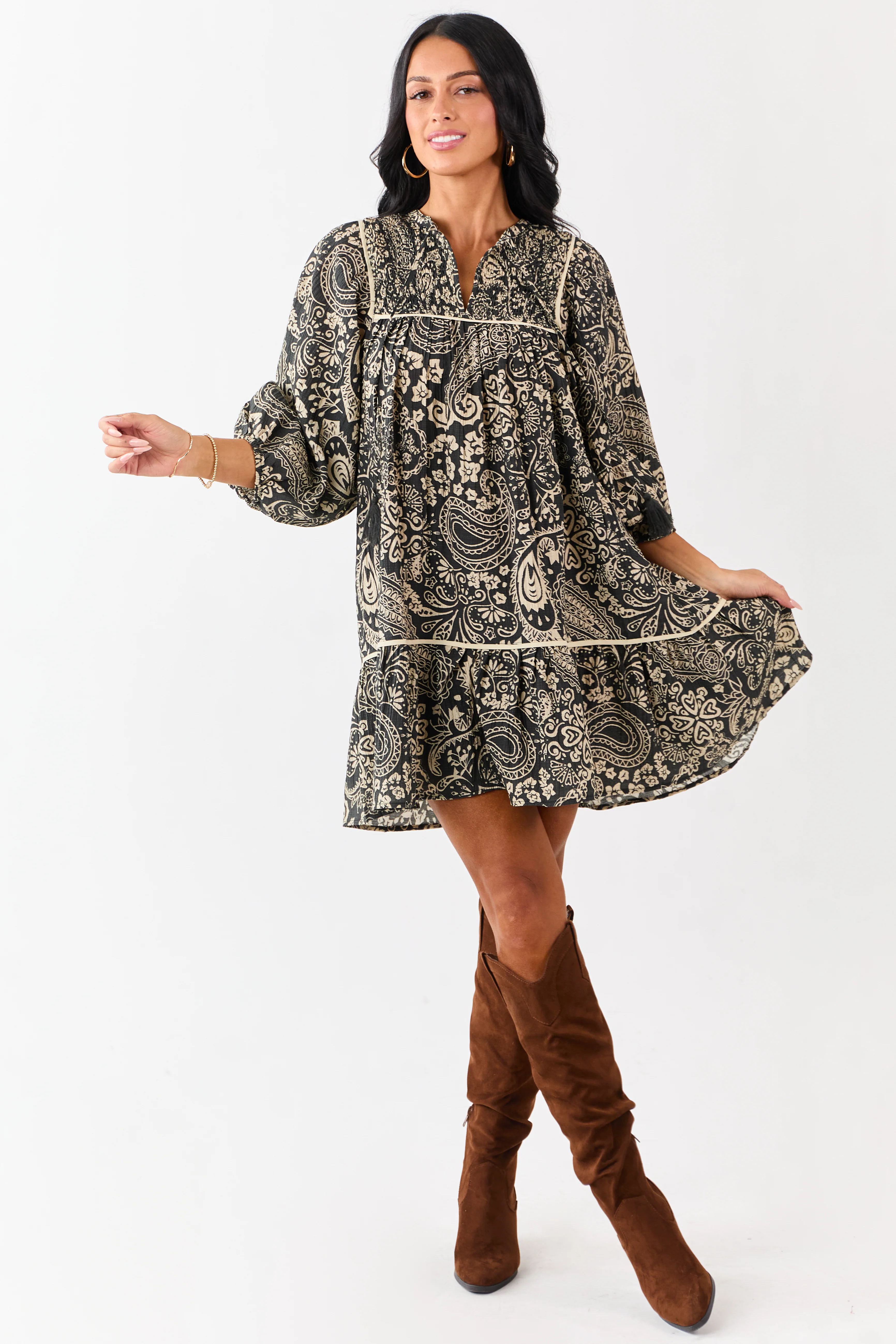 Black Paisley Print Puff Sleeve Smocked Mini Dress - Image 2