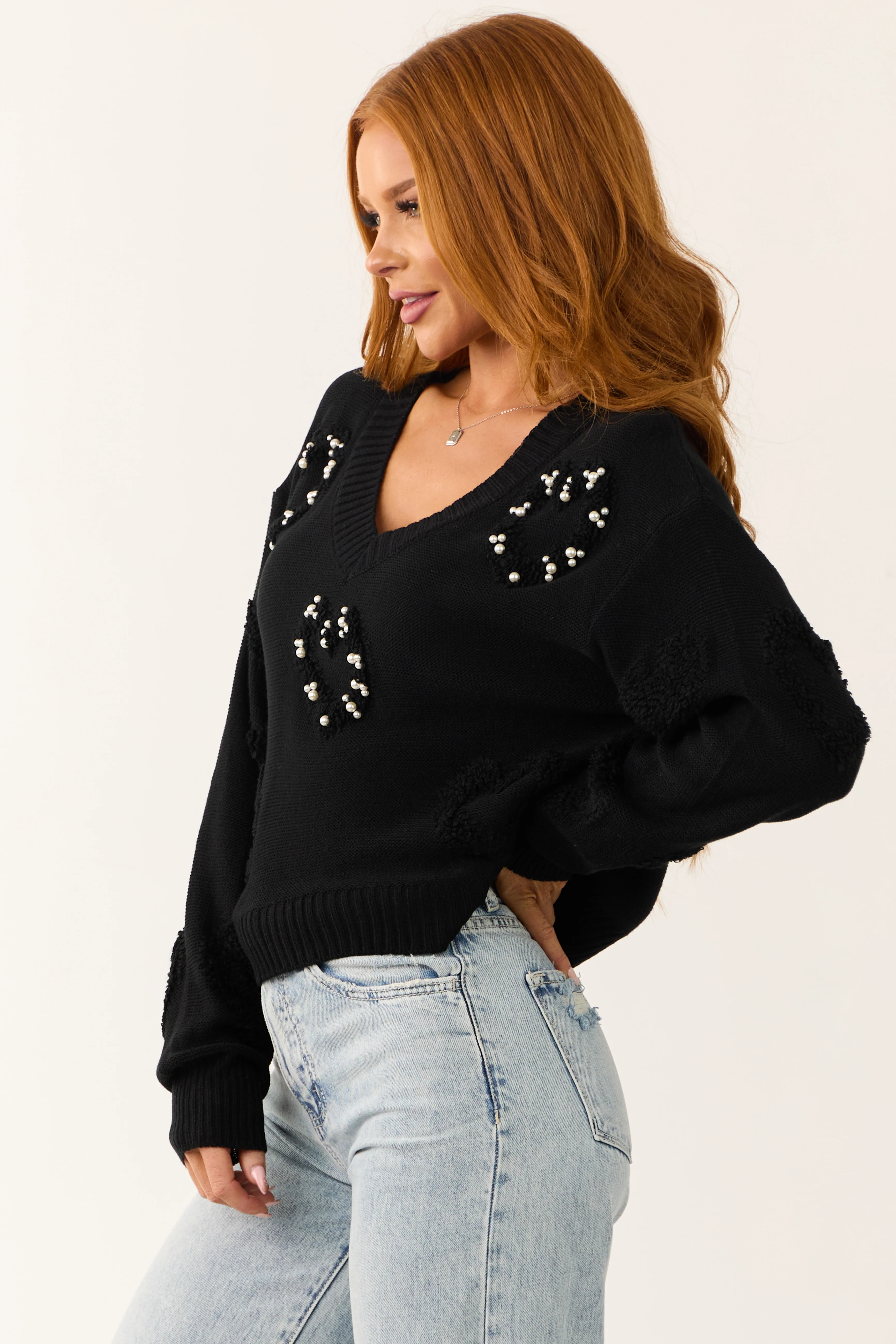 Black Pearl Detail Long Sleeve V Neck Sweater - Image 6