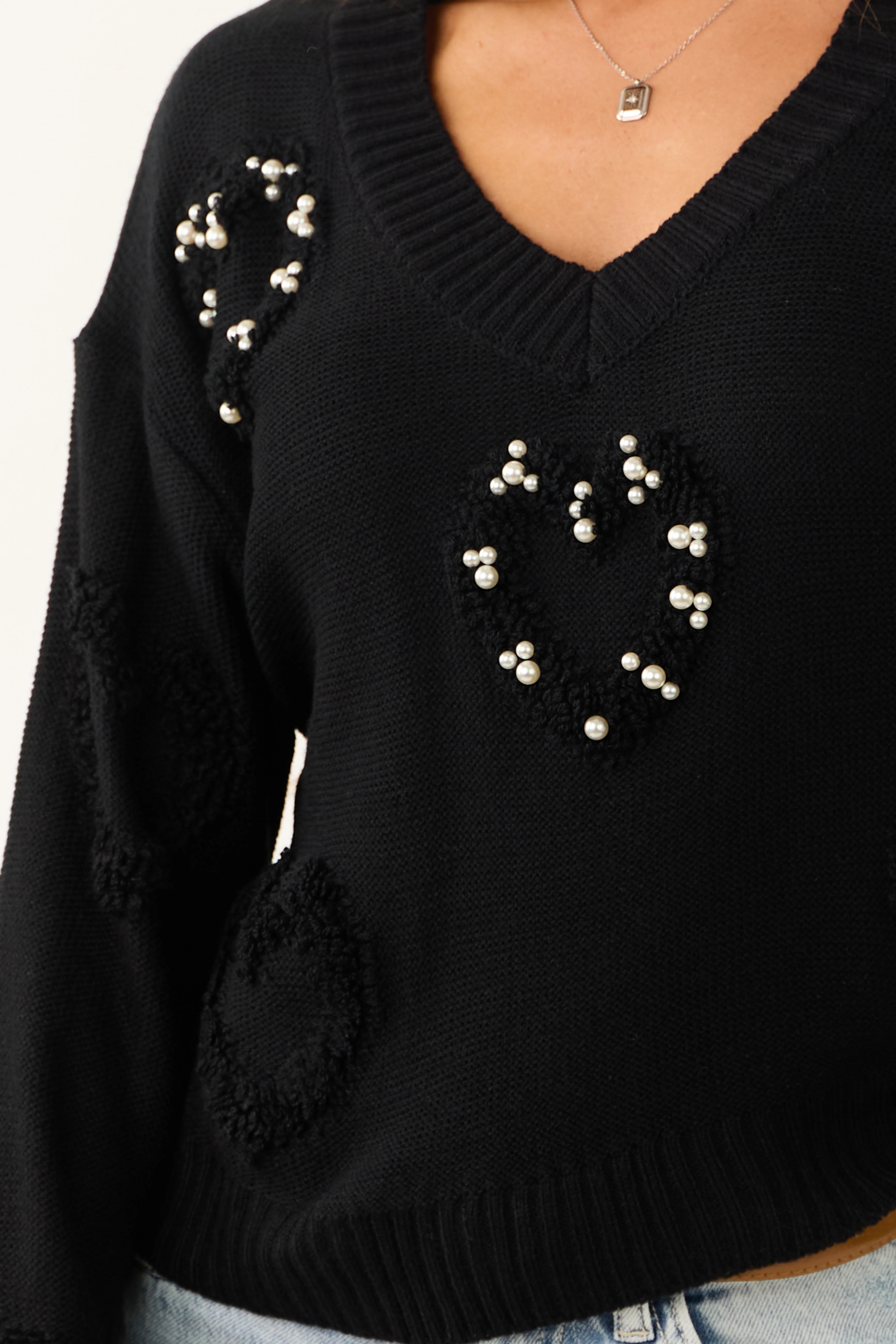 Black Pearl Detail Long Sleeve V Neck Sweater - Image 8