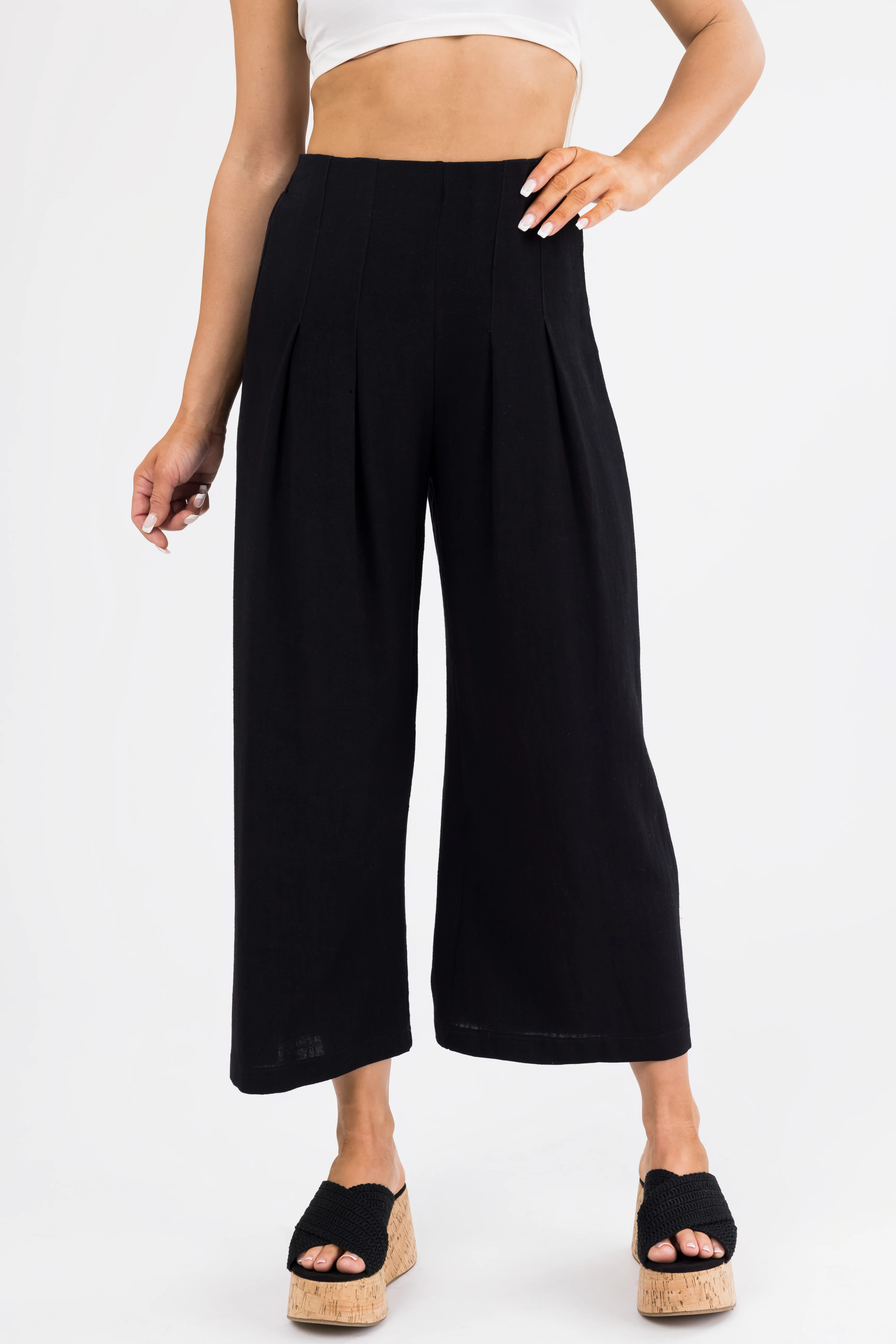 Black Pleated Cropped Palazzo Pants - Image 2