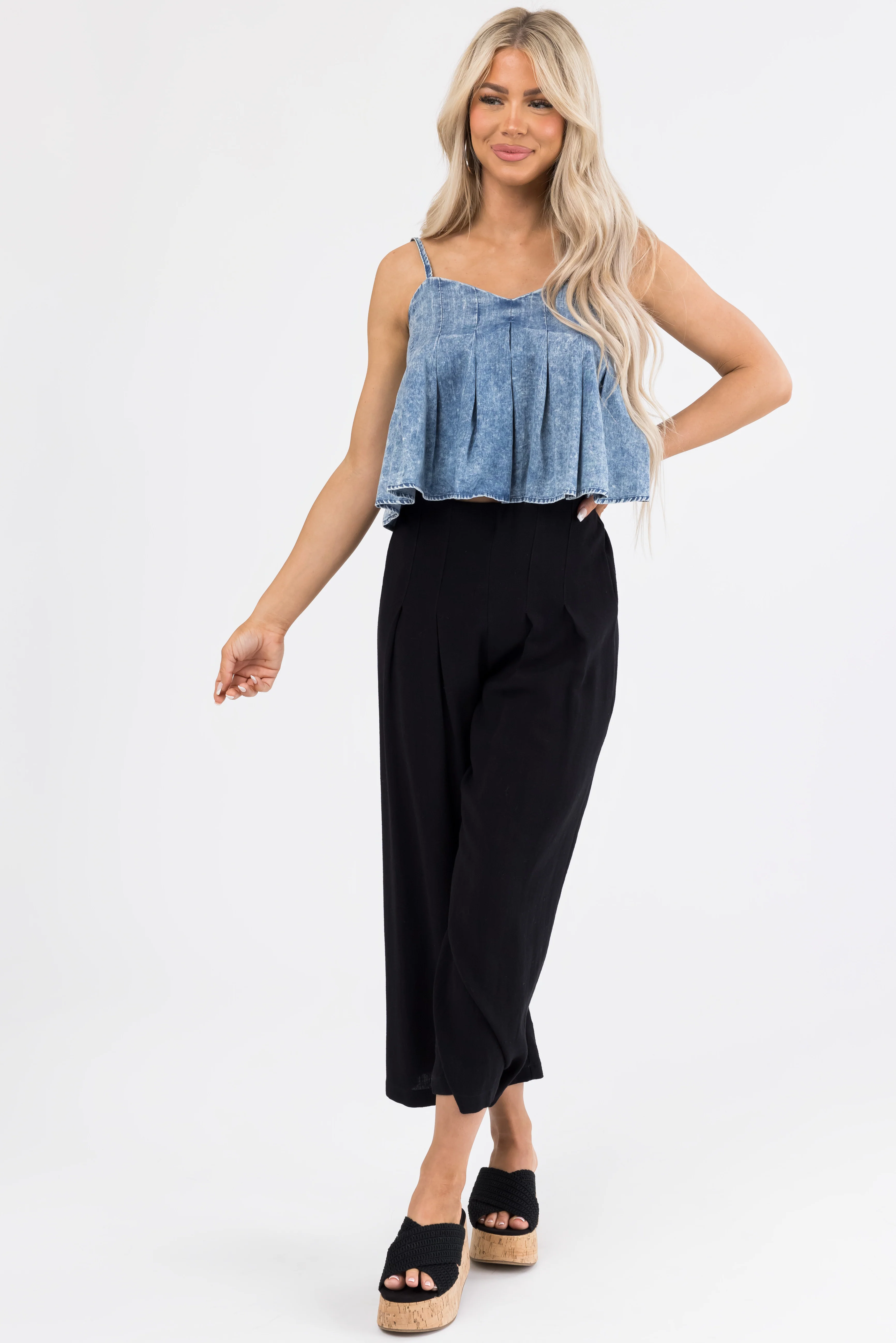 Black Pleated Cropped Palazzo Pants - Image 5