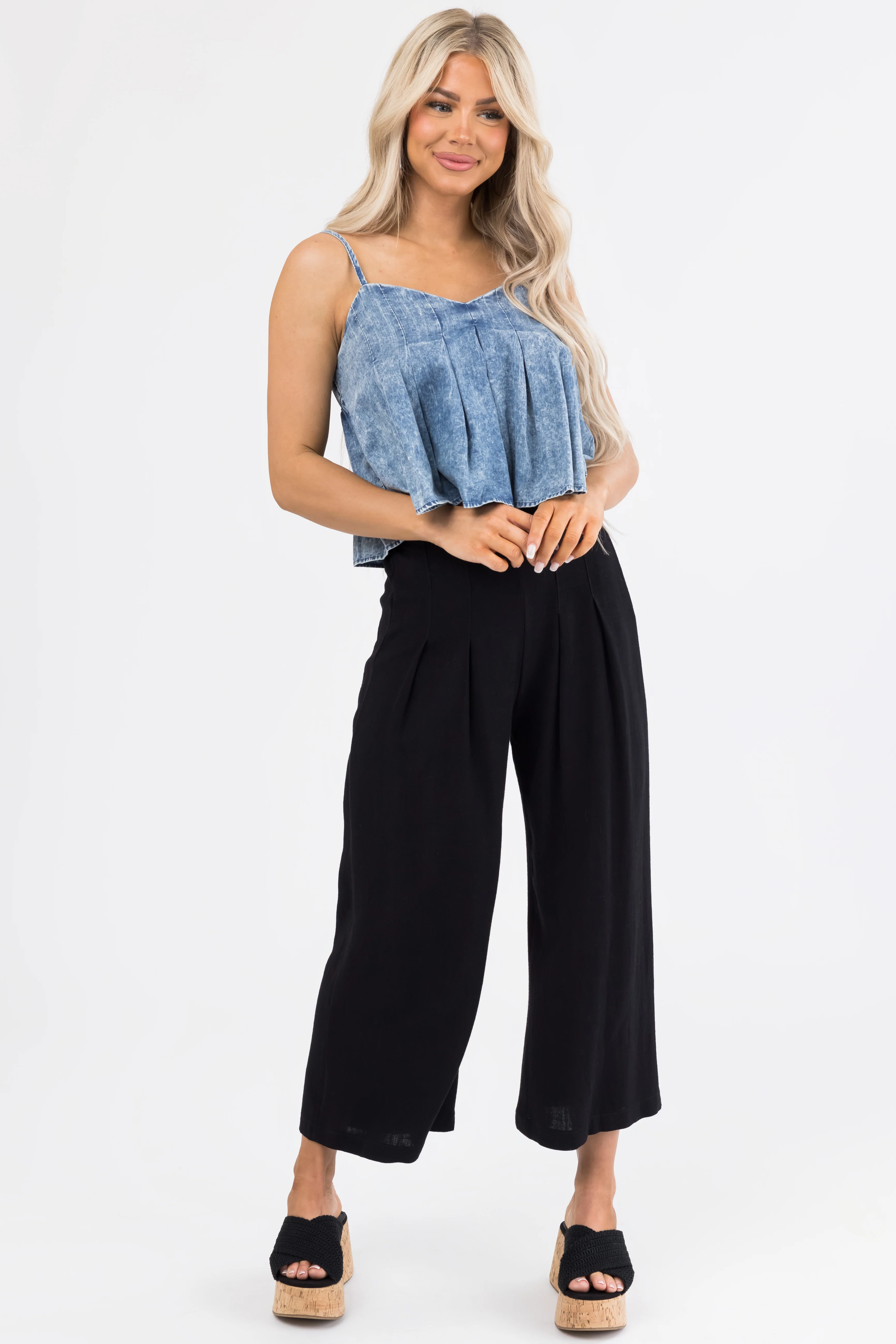 Black Pleated Cropped Palazzo Pants - Image 6