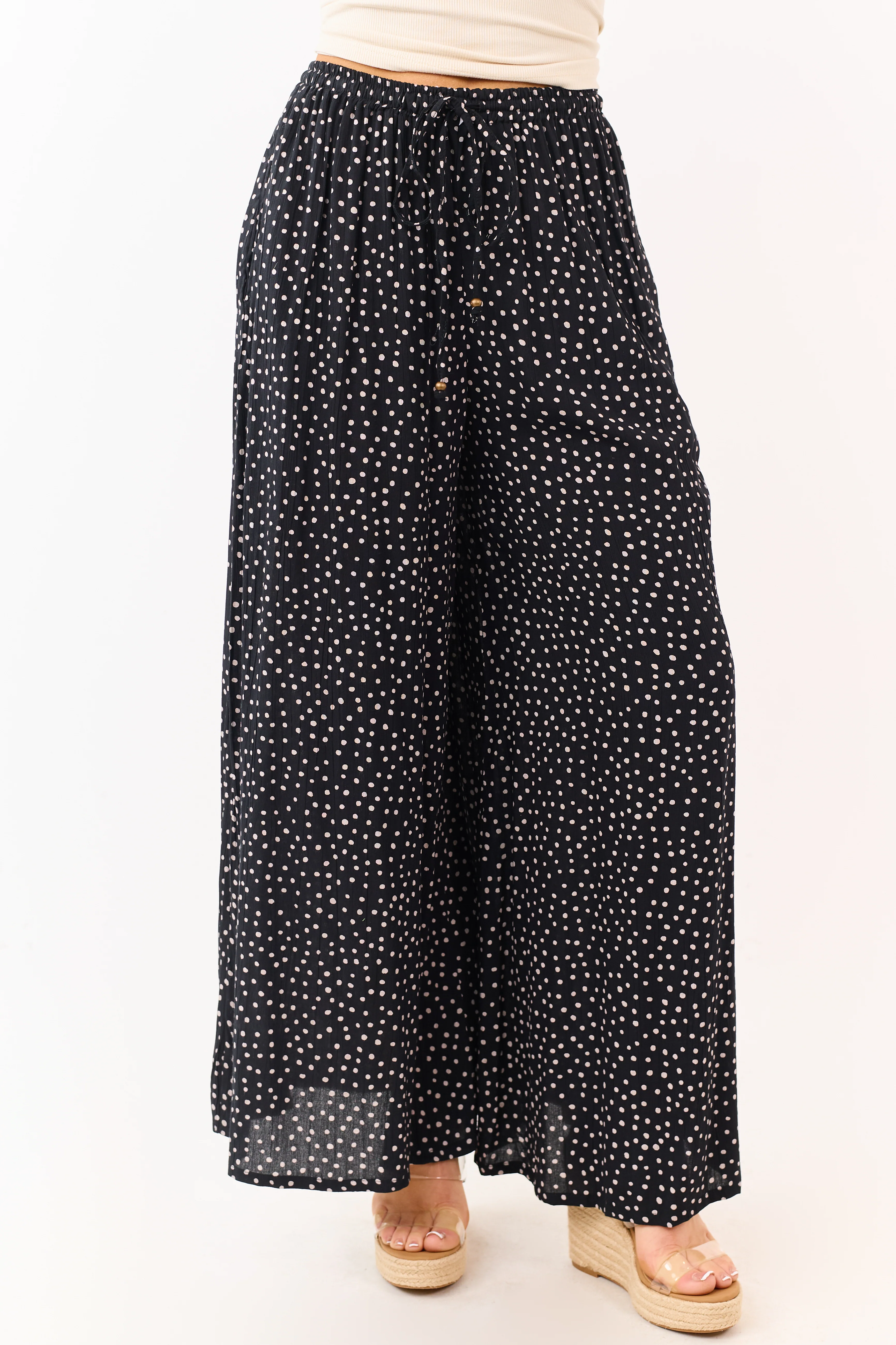 Black Polka Dot Elastic Waist Wide Leg Pants - Image 2