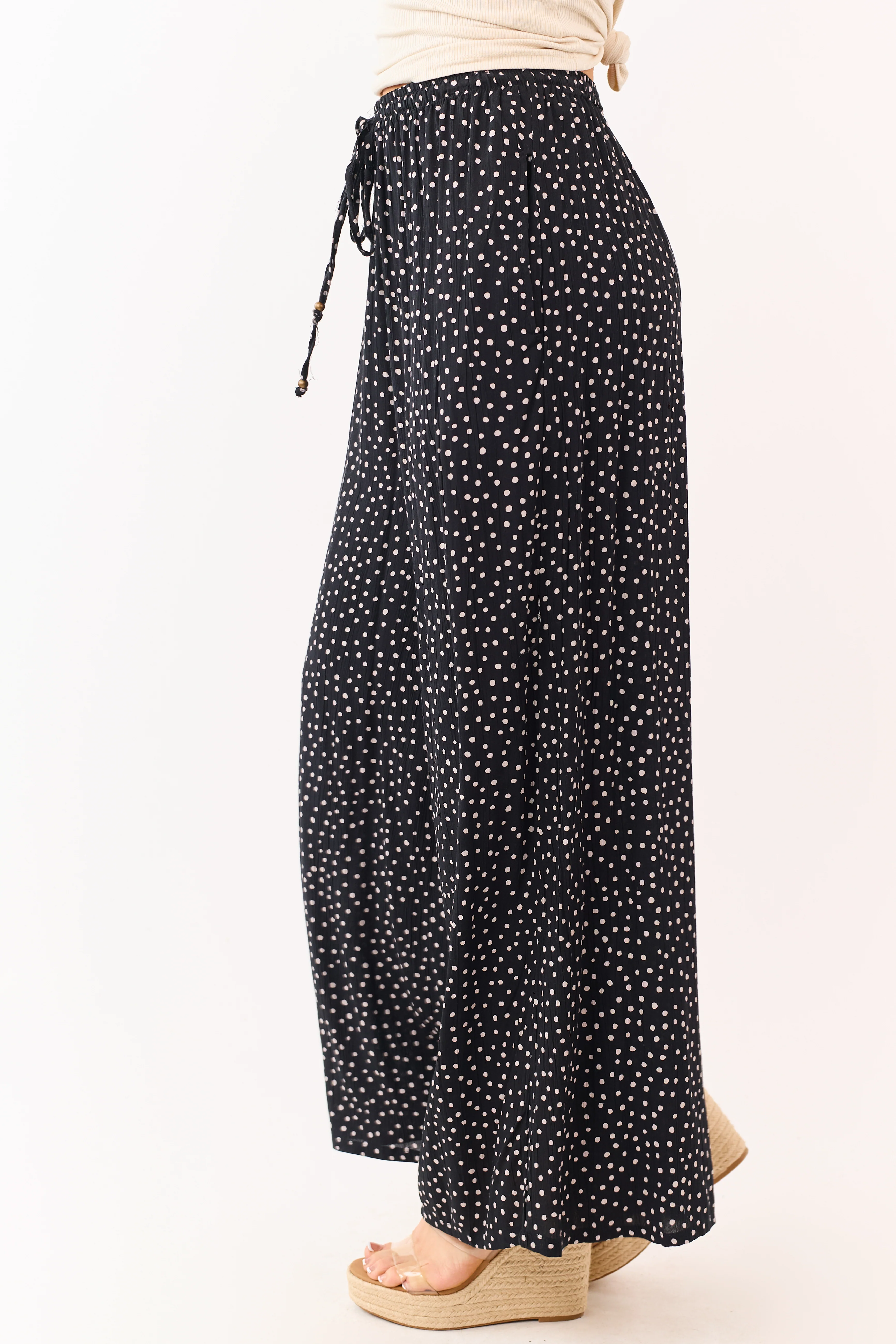 Black Polka Dot Elastic Waist Wide Leg Pants - Image 3