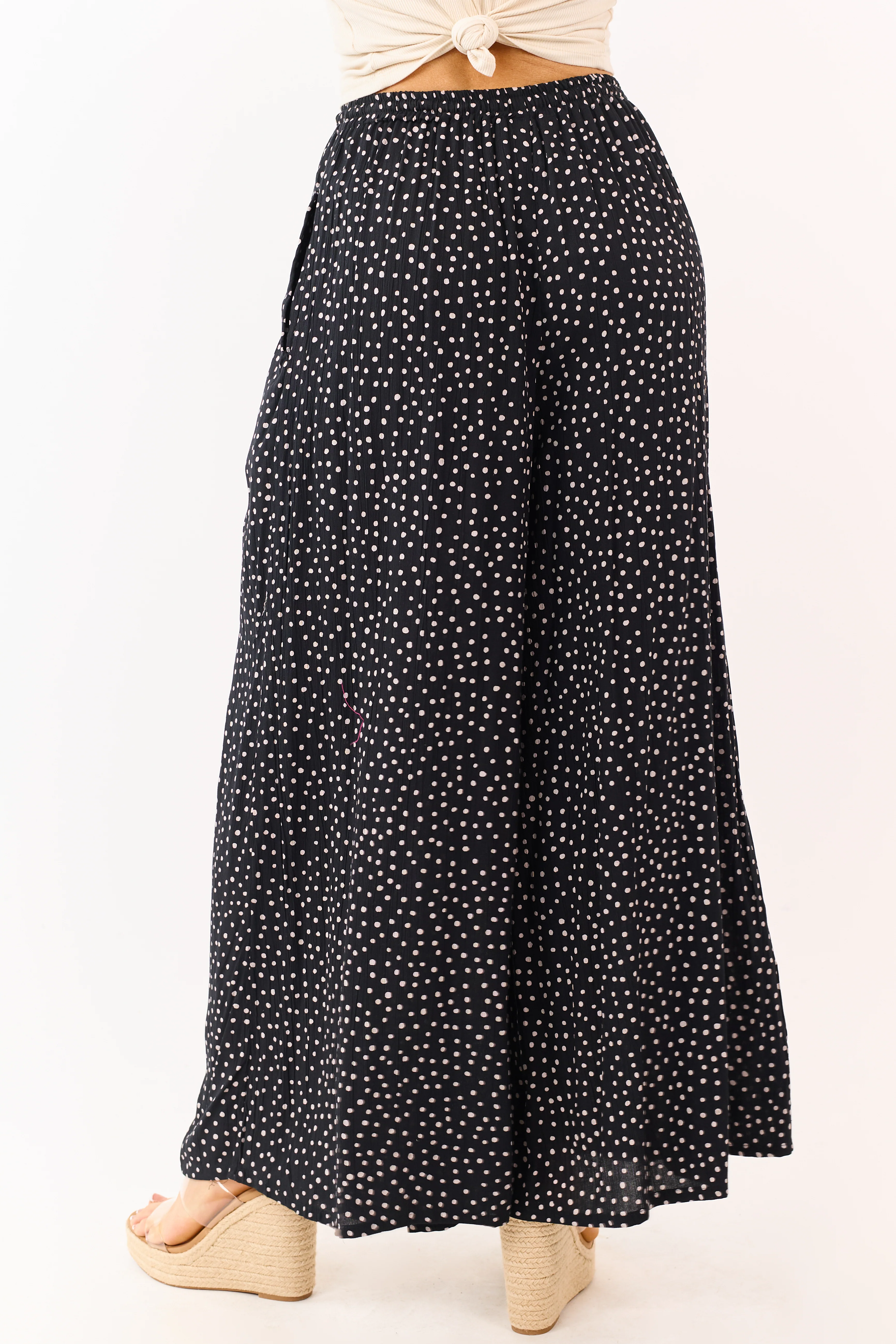 Black Polka Dot Elastic Waist Wide Leg Pants - Image 4