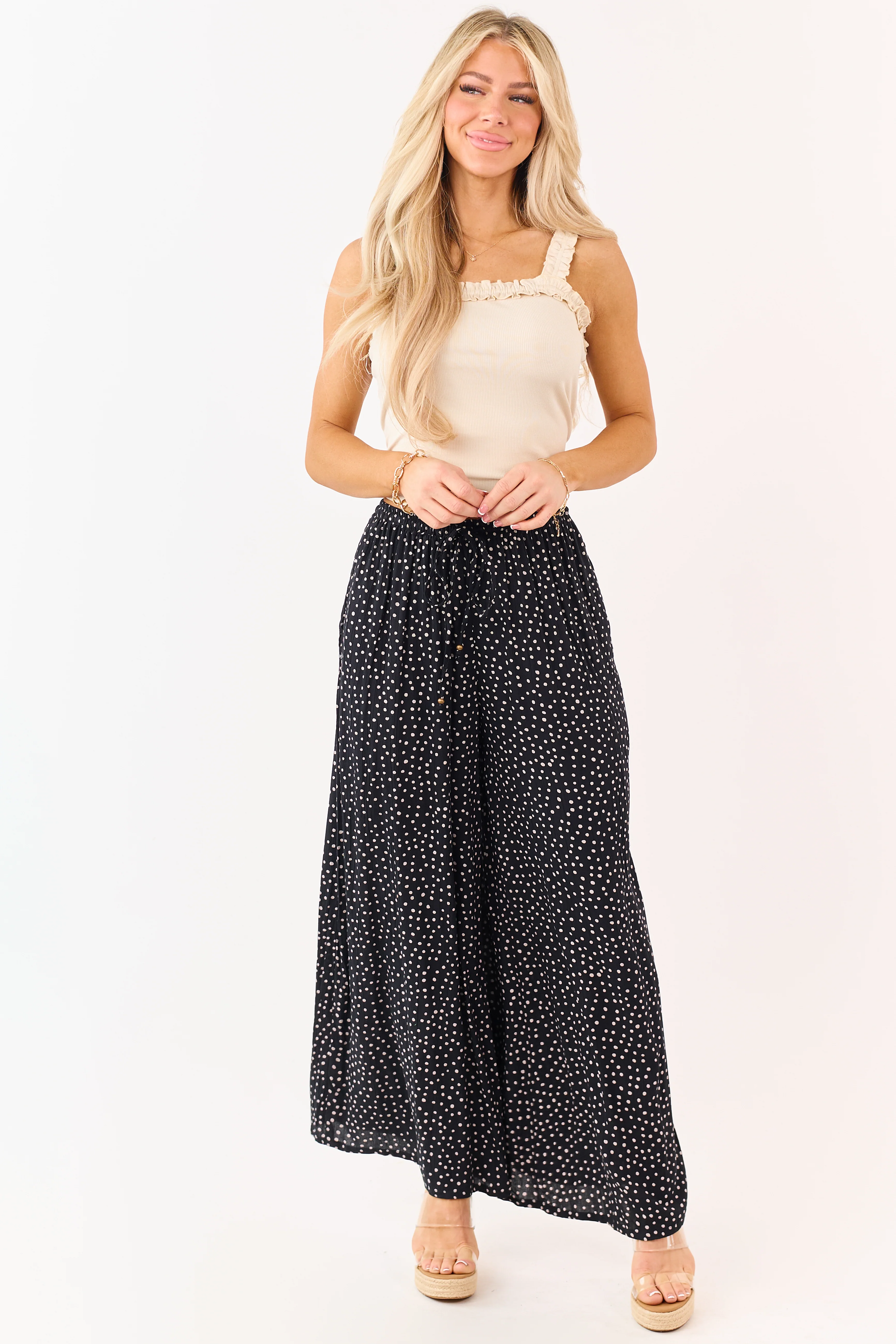 Black Polka Dot Elastic Waist Wide Leg Pants - Image 5