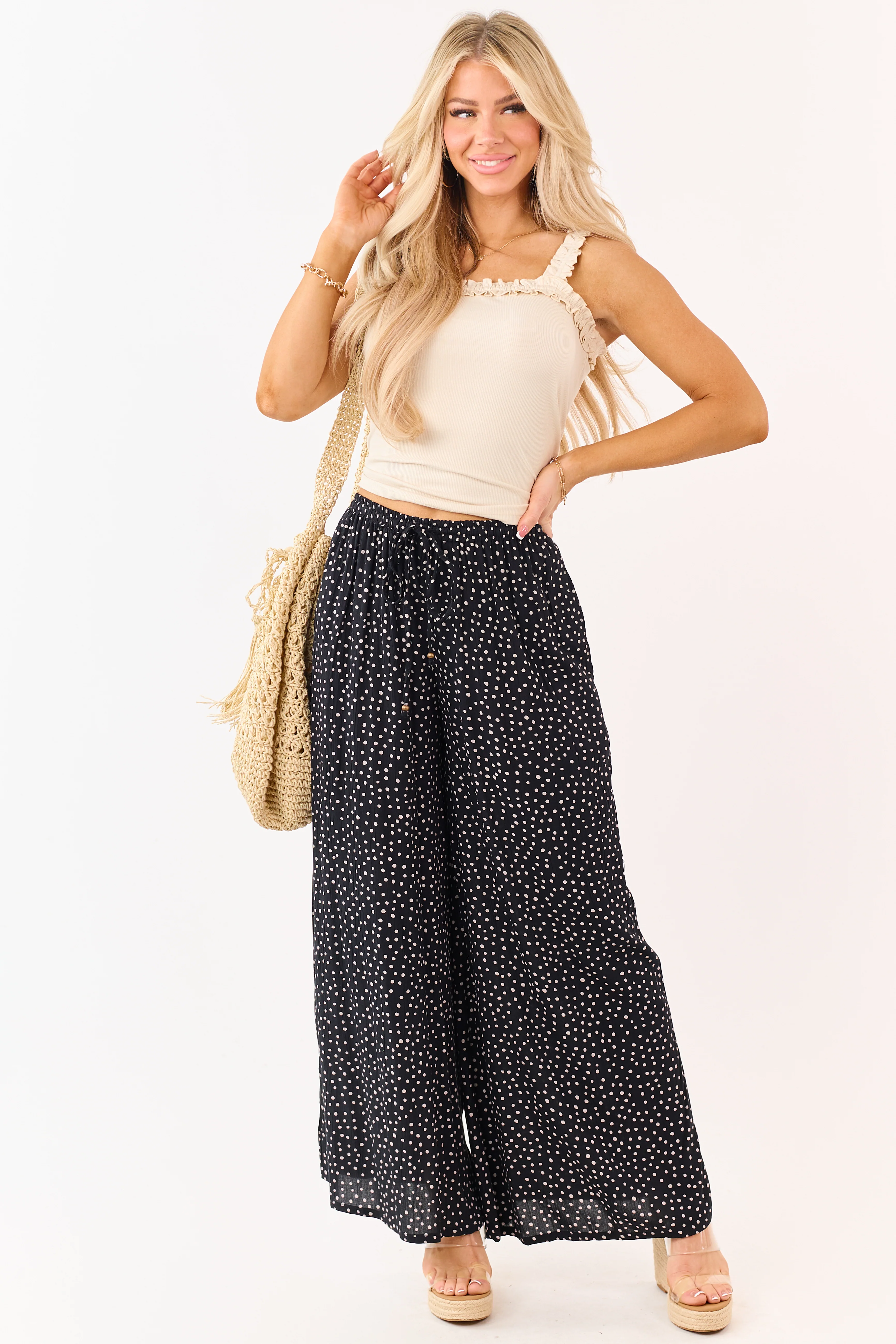 Black Polka Dot Elastic Waist Wide Leg Pants - Image 6