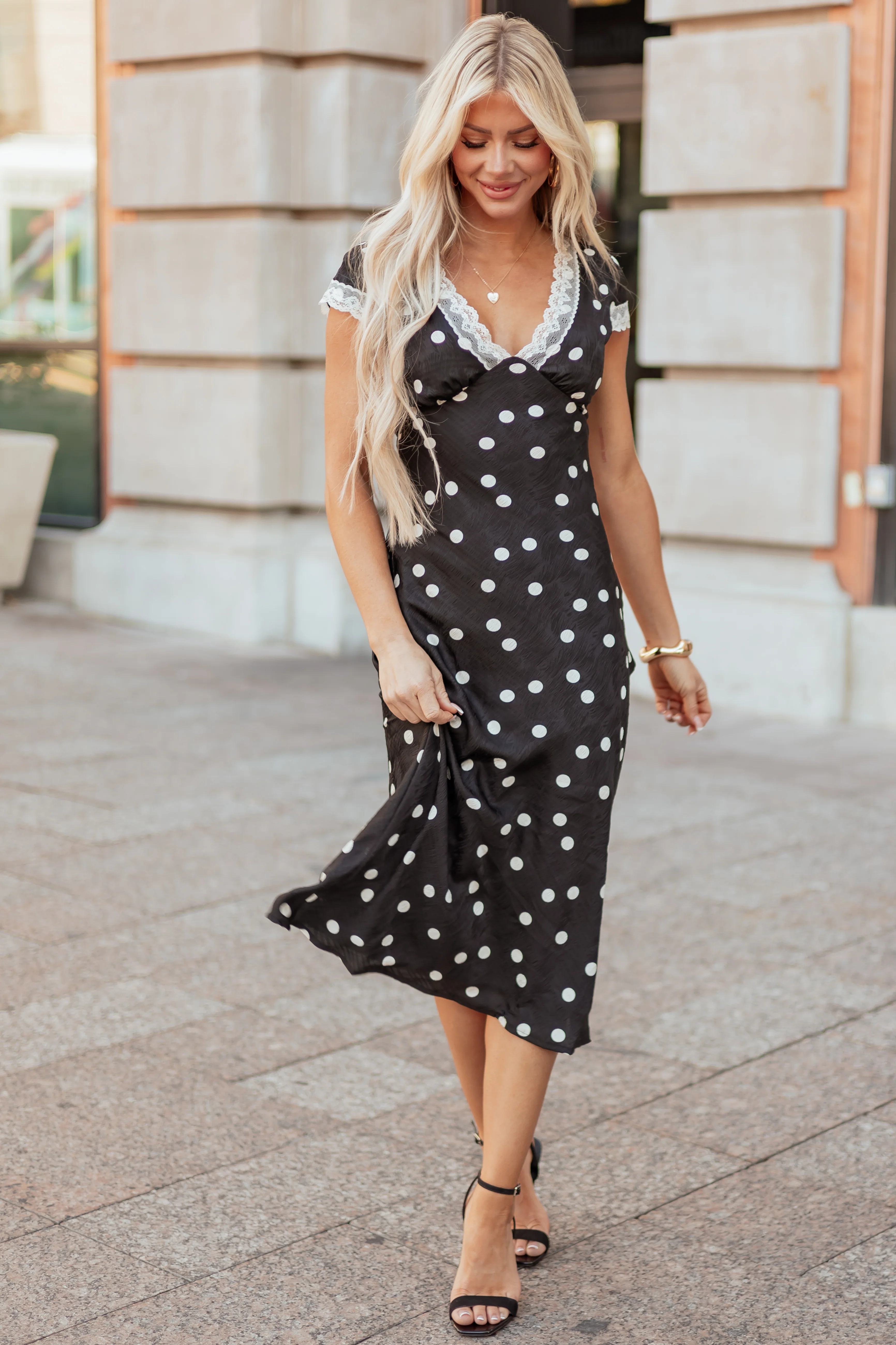 Black Polka Dot Lace Trim V-Neck Maxi Dress - Image 2