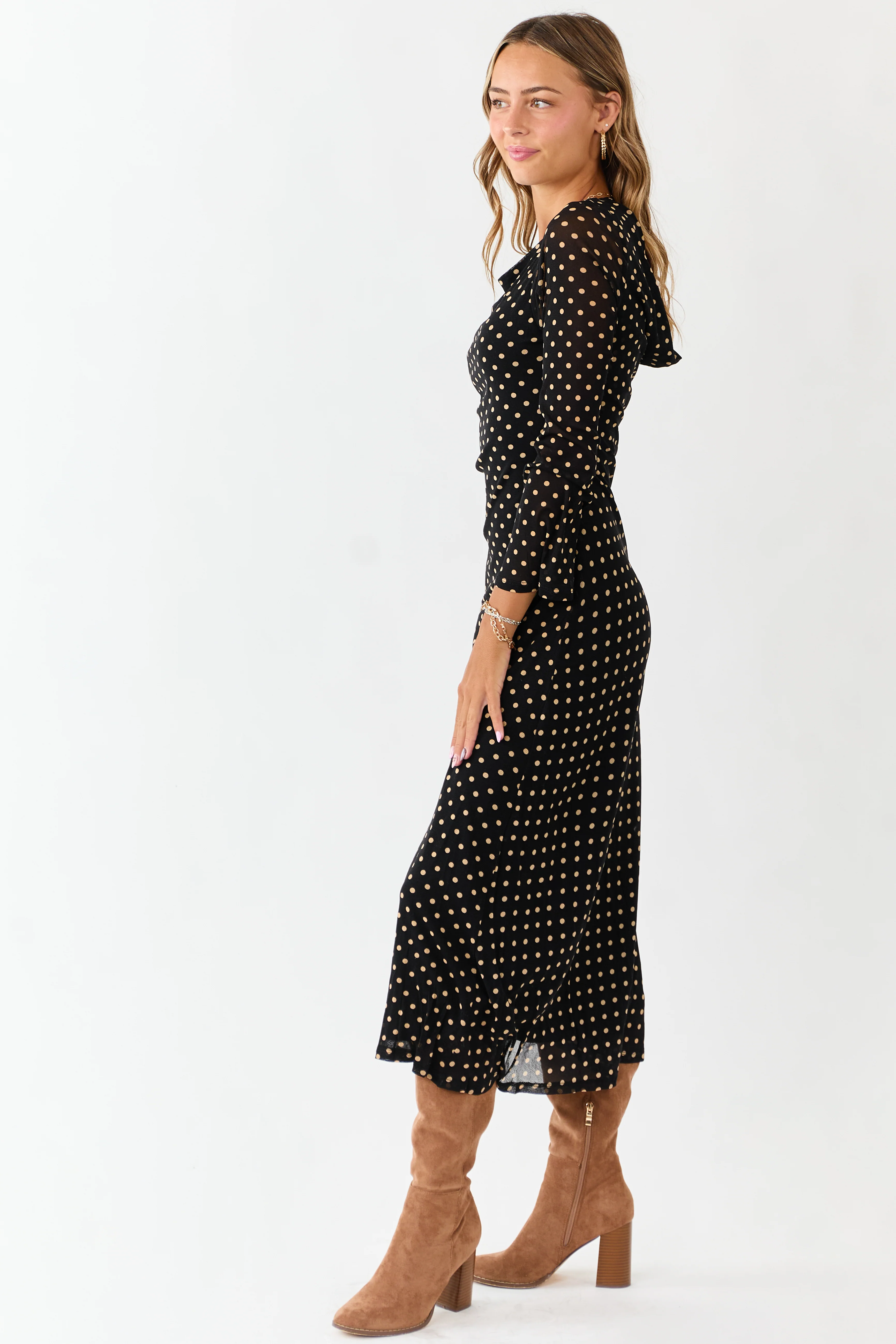 Black Polka Dot Long Sleeve Mesh Midi Dress - Image 4