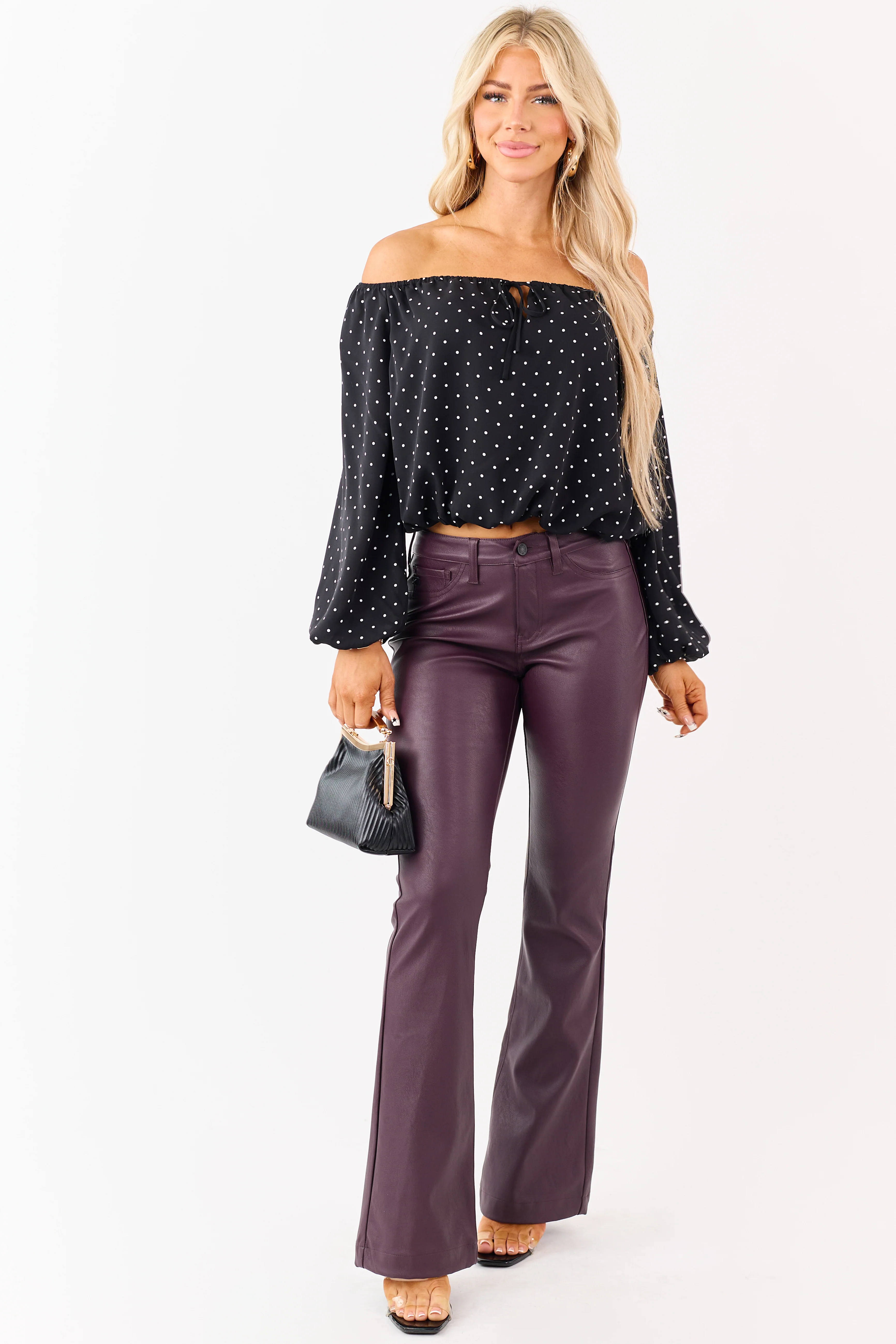 Black Polka Dot Off the Shoulder Bubble Hem Top - Image 2