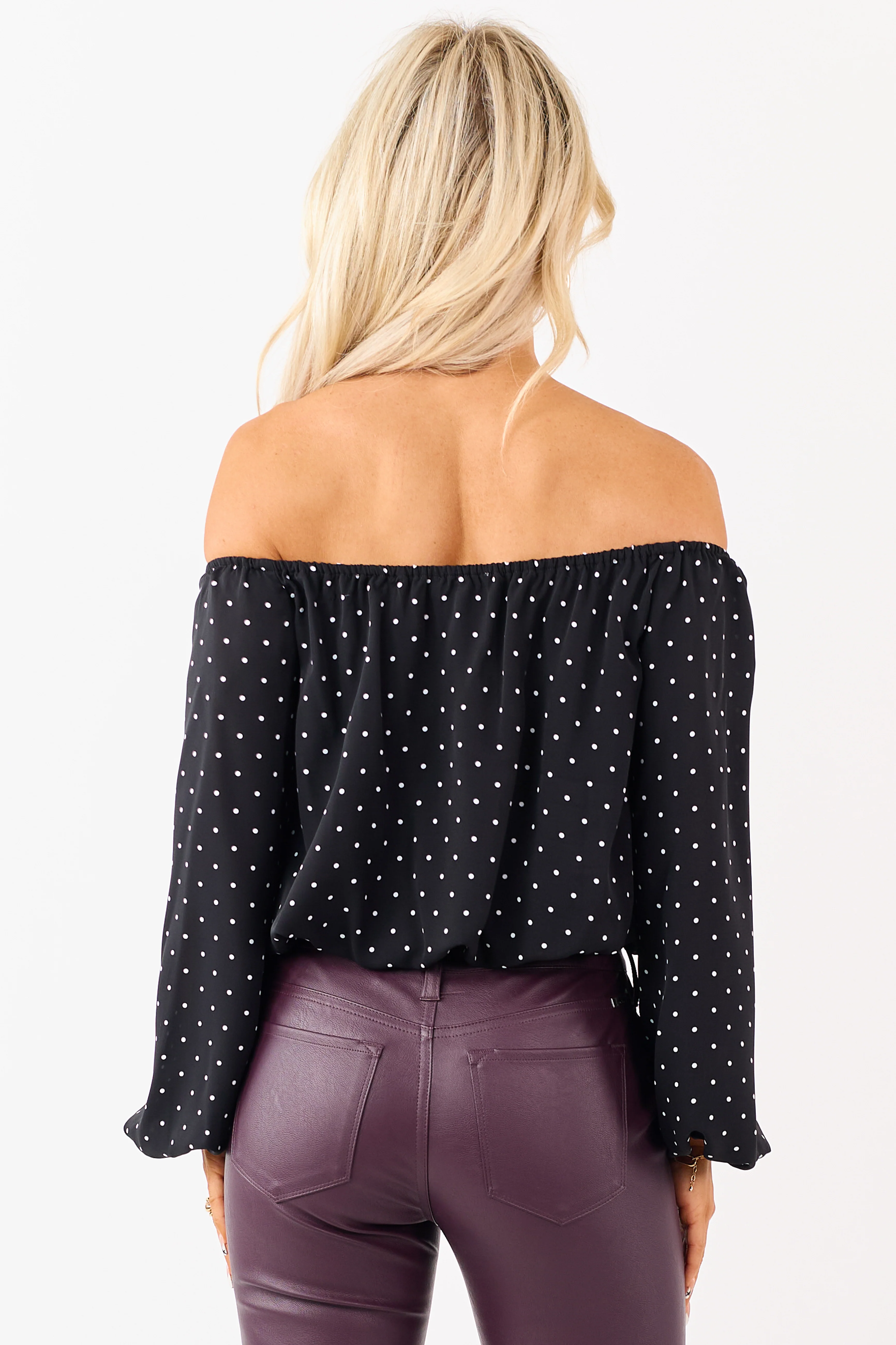 Black Polka Dot Off the Shoulder Bubble Hem Top - Image 5