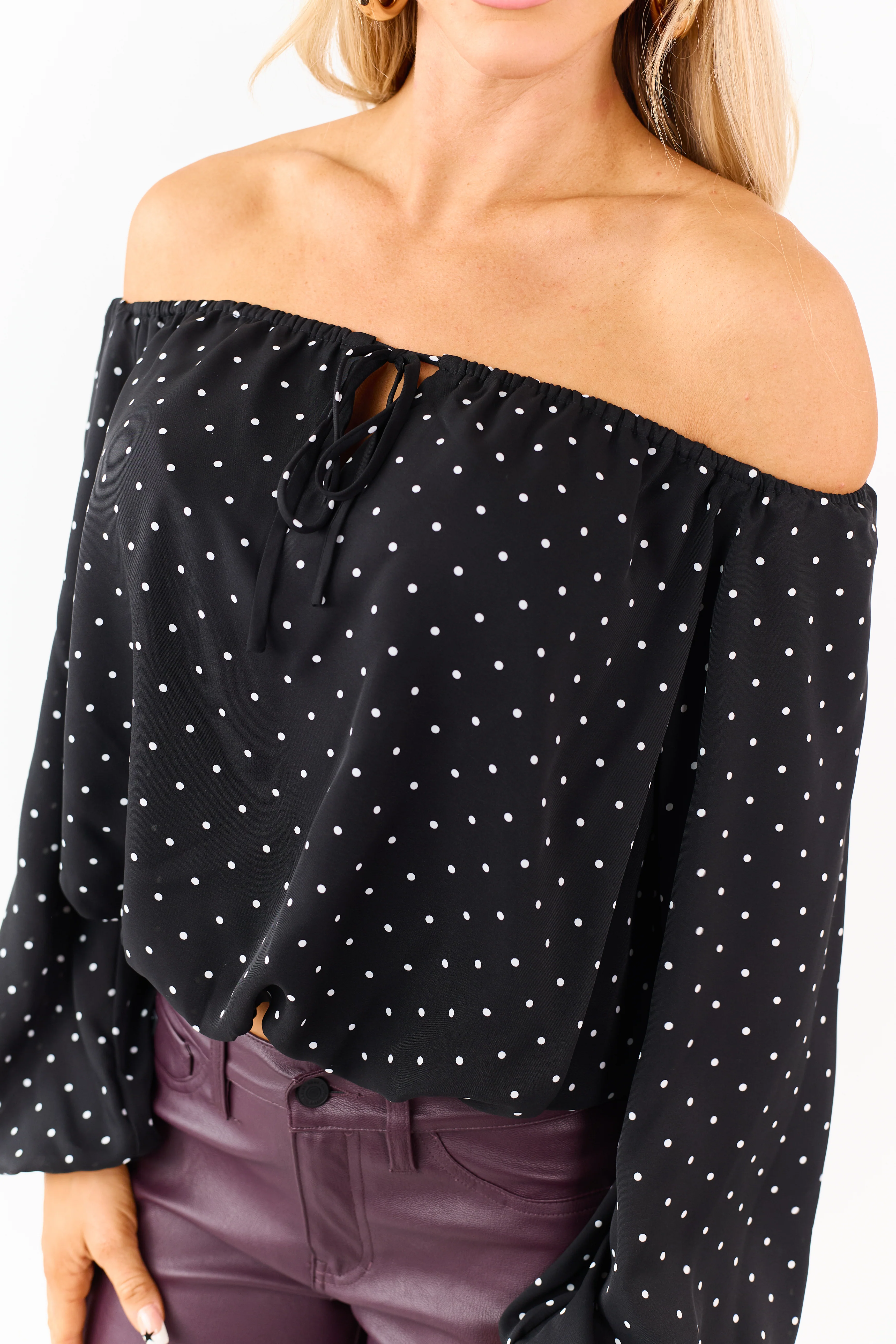 Black Polka Dot Off the Shoulder Bubble Hem Top - Image 6