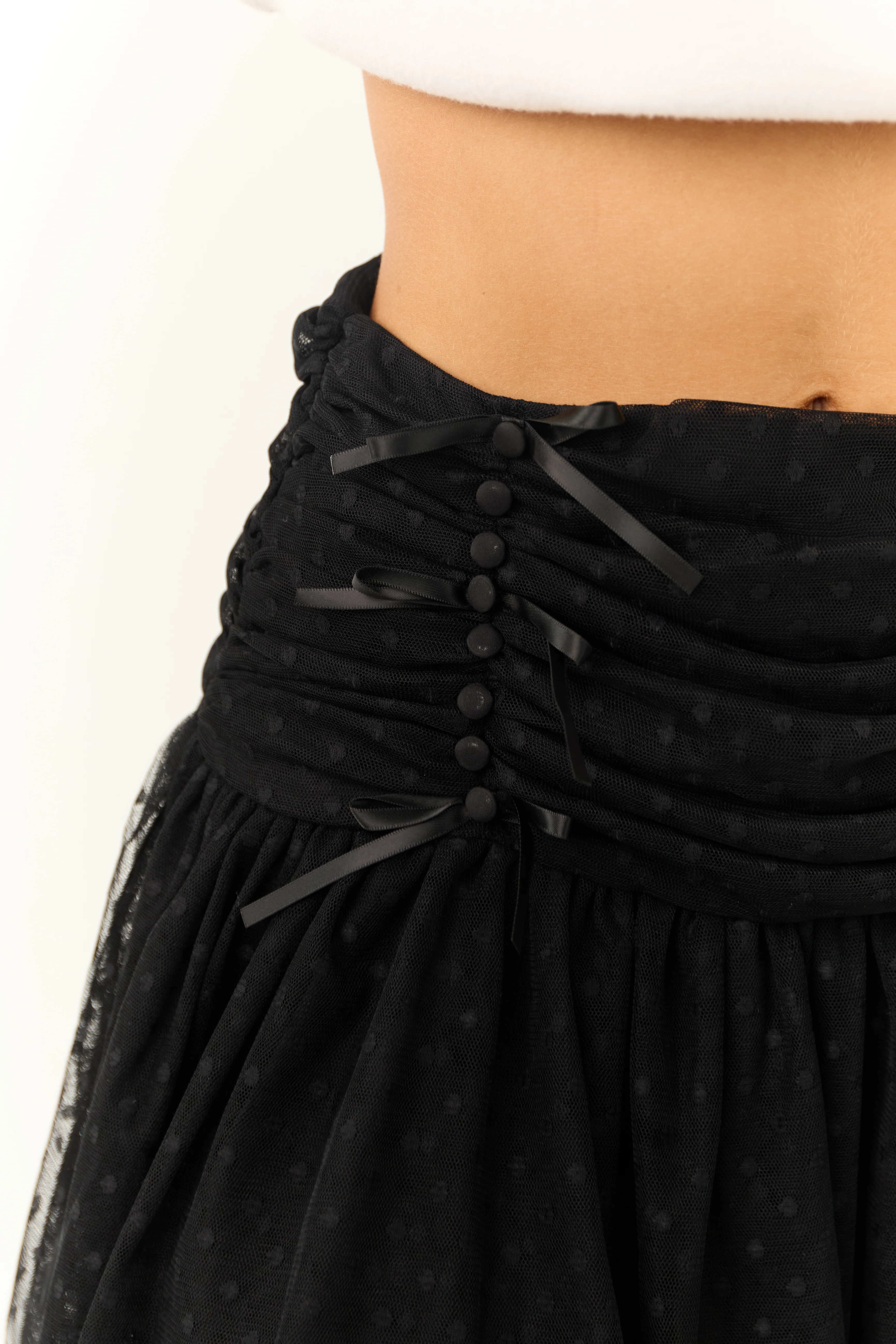 Black Polka Dot Textured Bow Detail Mini Skirt - Image 8