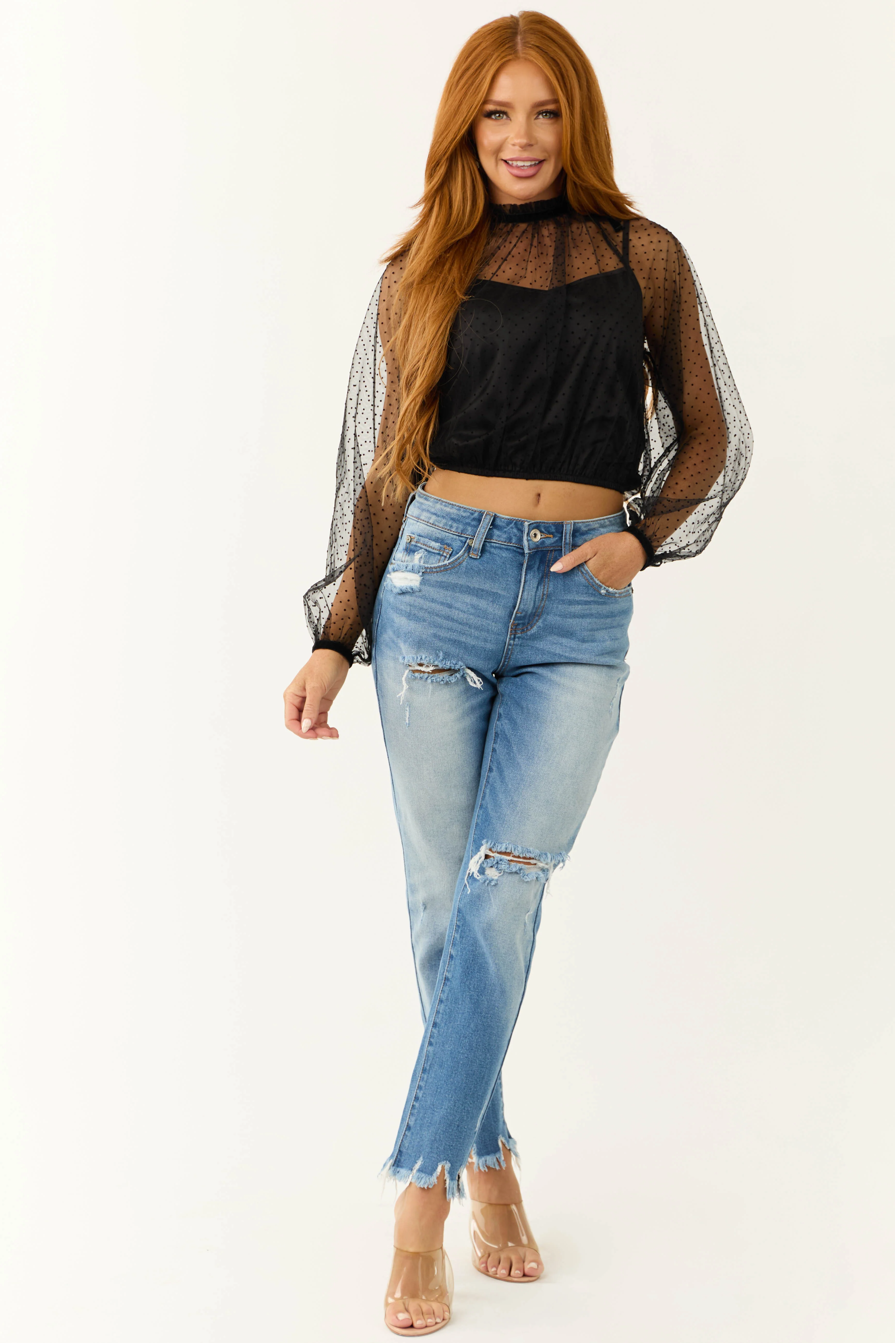 Black Polka Dot Textured Long Sleeve Mesh Top - Image 3