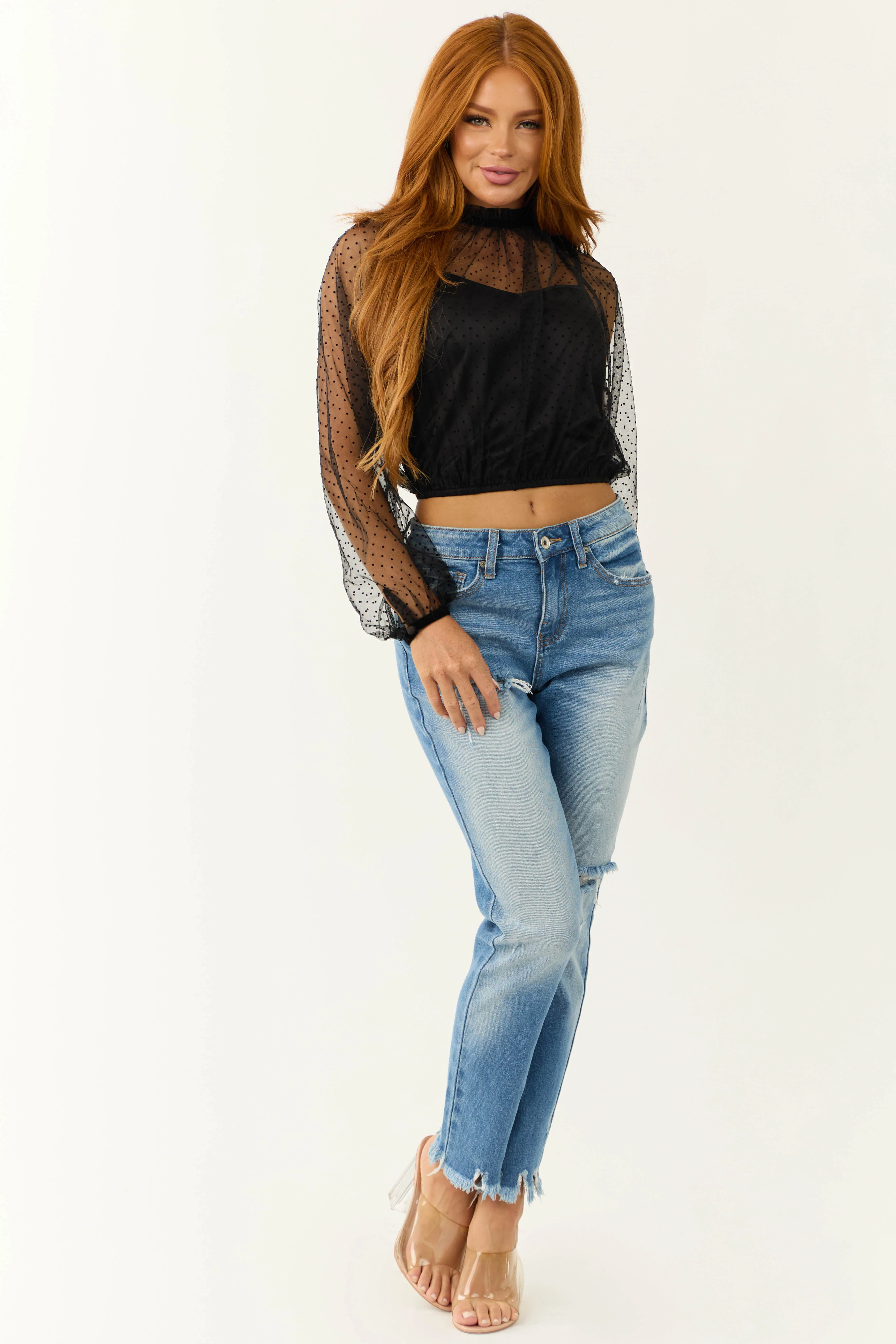 Black Polka Dot Textured Long Sleeve Mesh Top - Image 4