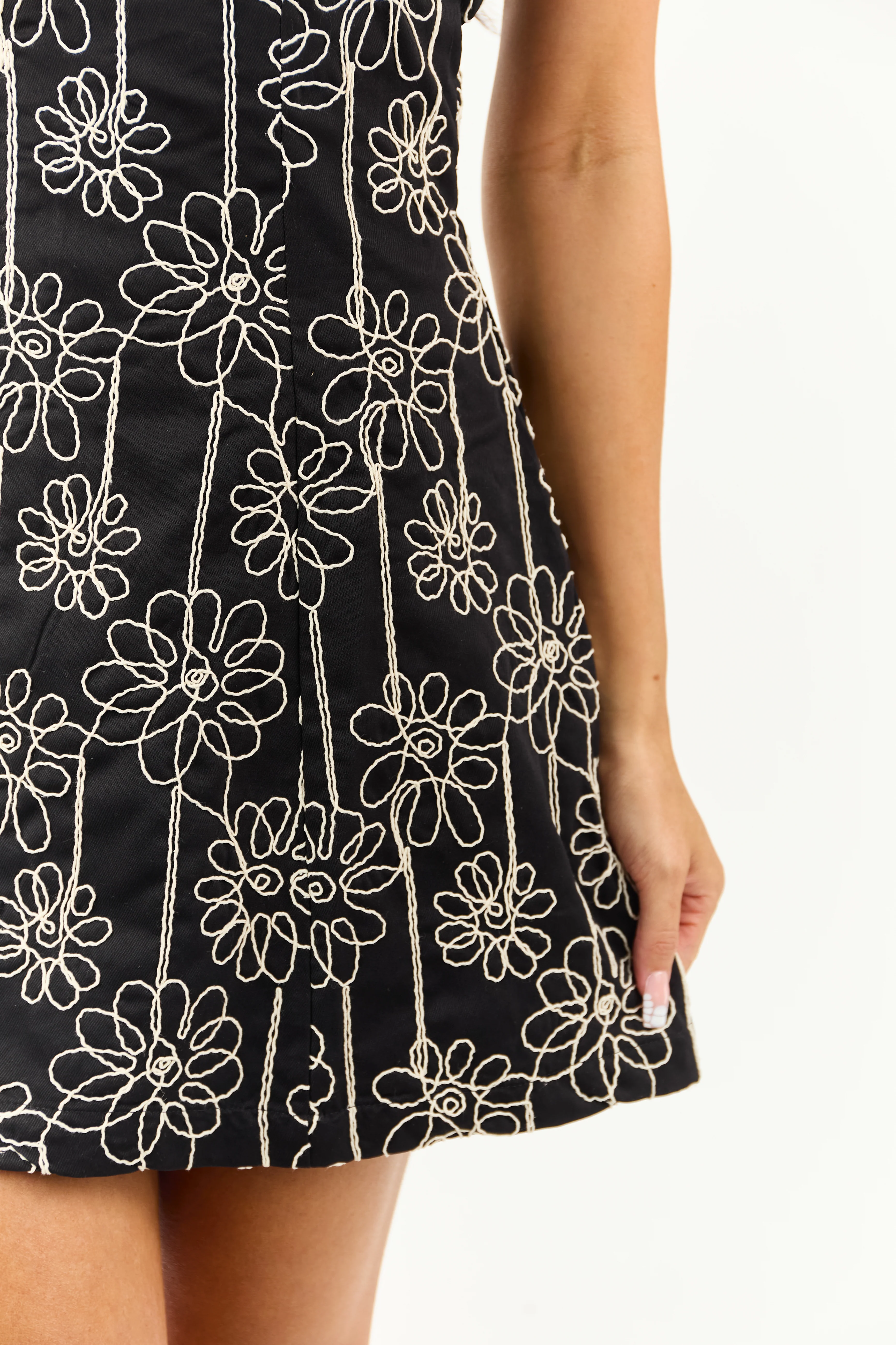 Black Raised Floral Embroidery Sleeveless Mini Dress - Image 6