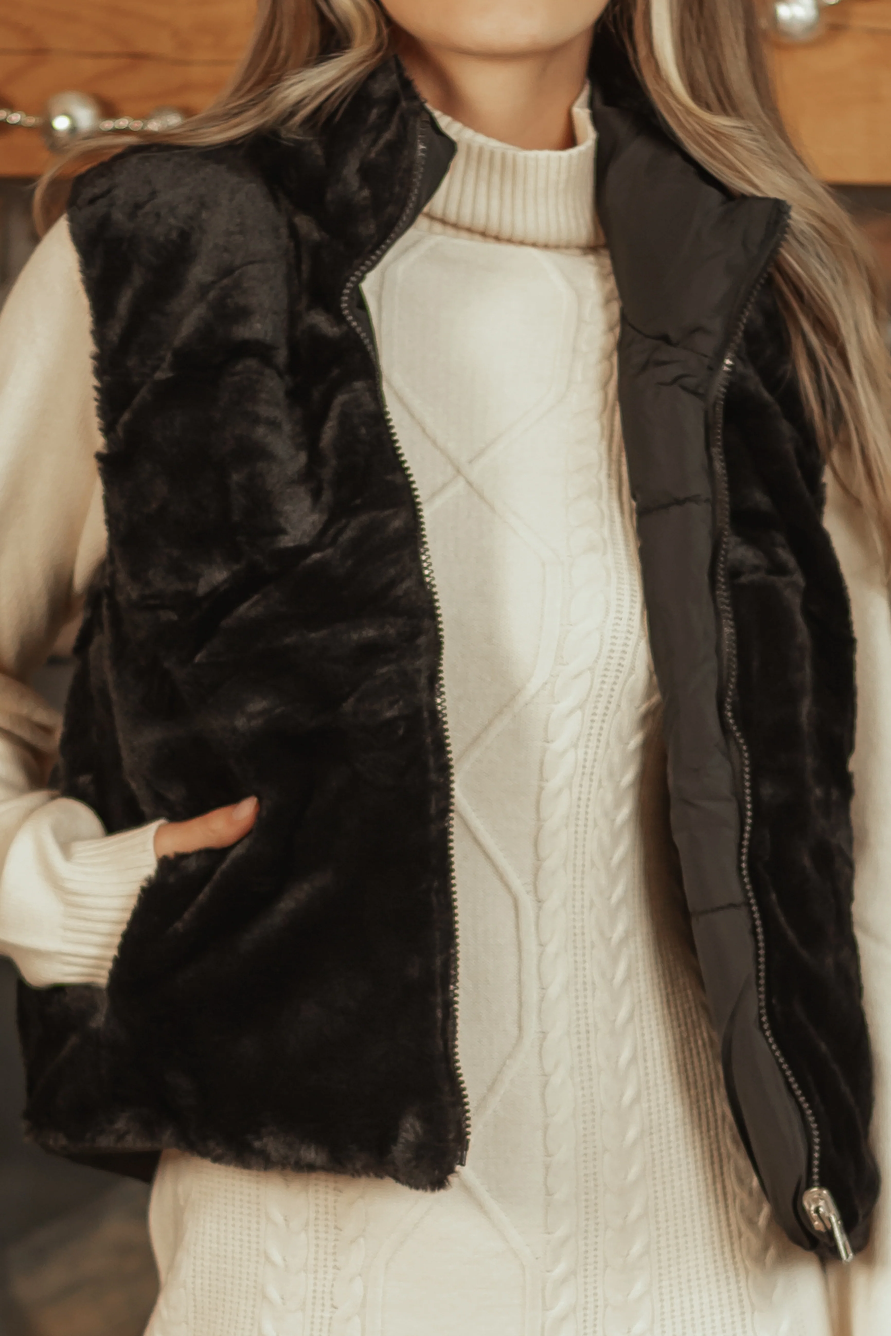 Black Reversible Faux Fur Quilted Zip Up Vest - Image 6