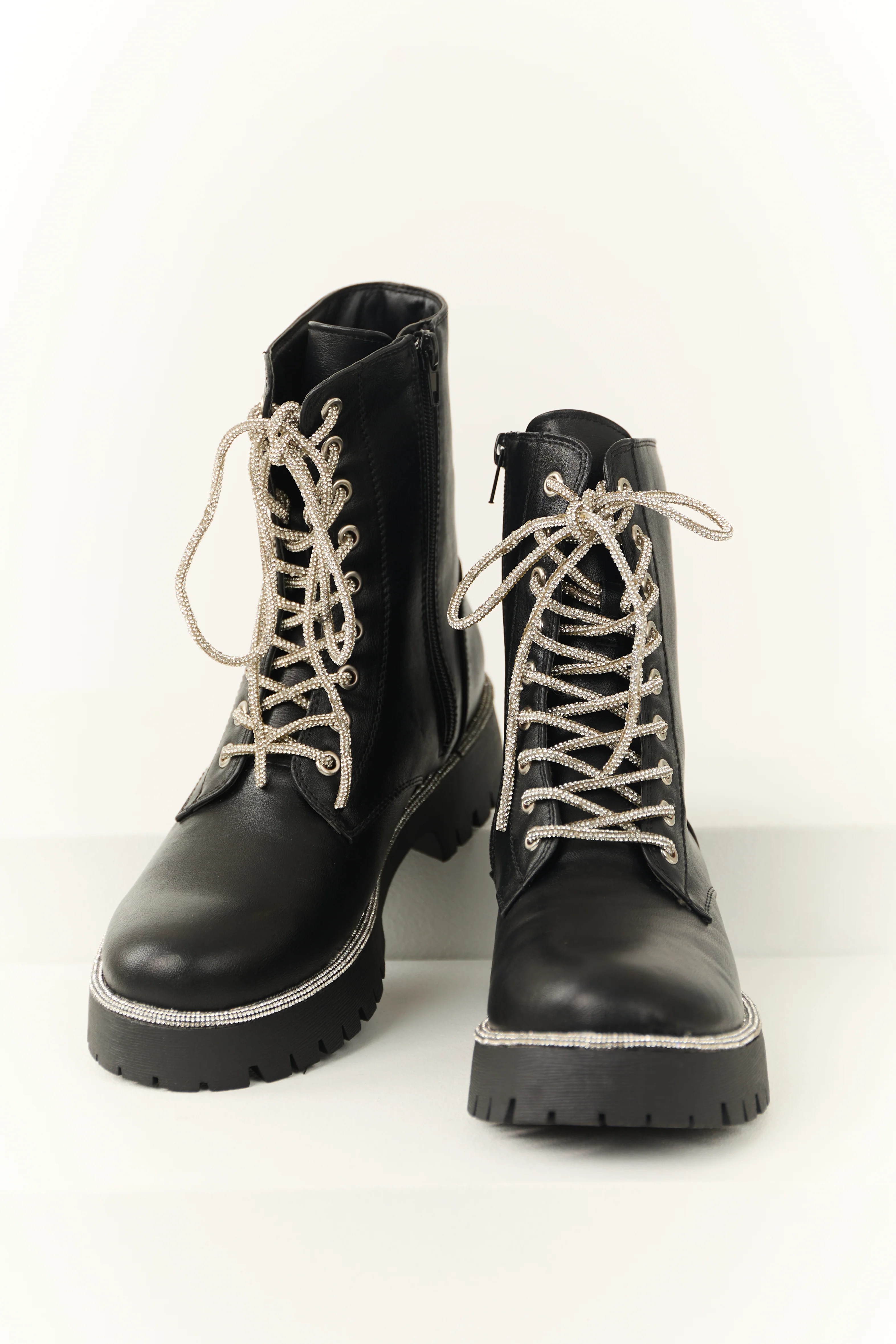 Black Rhinestone Detail Platform Combat Boots - Image 2