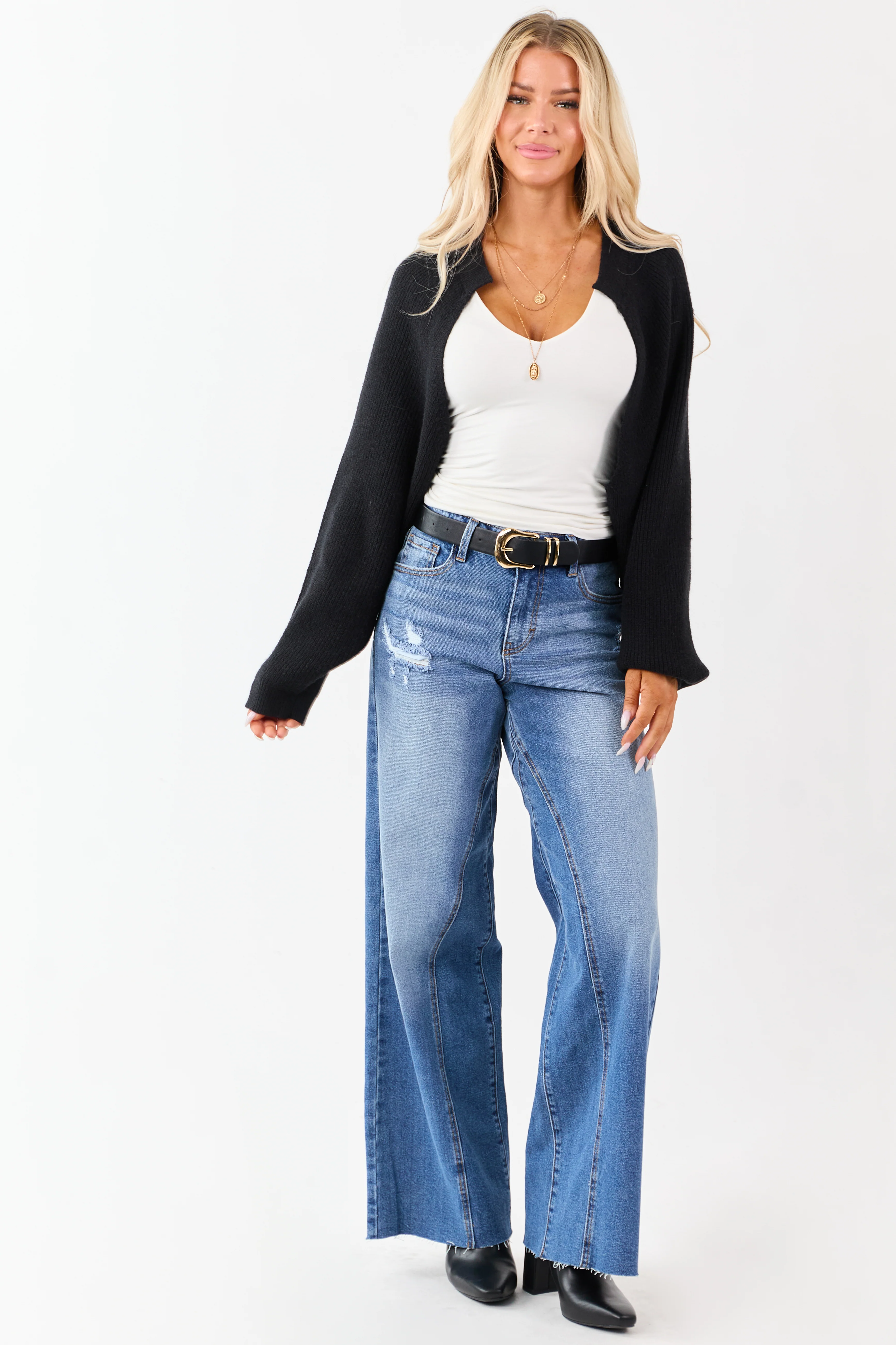 Black Rib Knit Dolman Sleeve Bolero Shrug Crop Cardigan - Image 3
