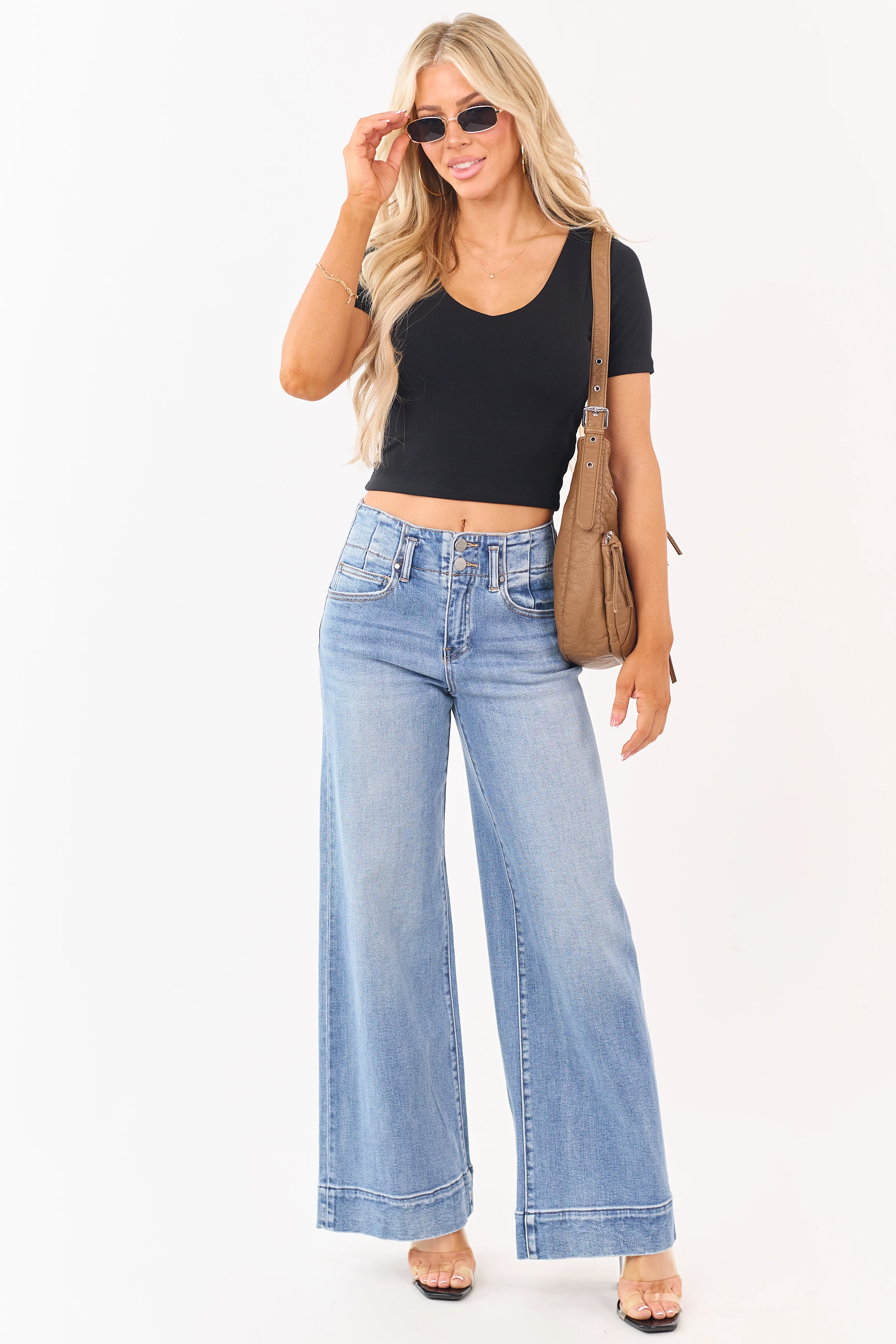 Black Rib Knit Double Layer V-Neck Cropped Top - Image 3