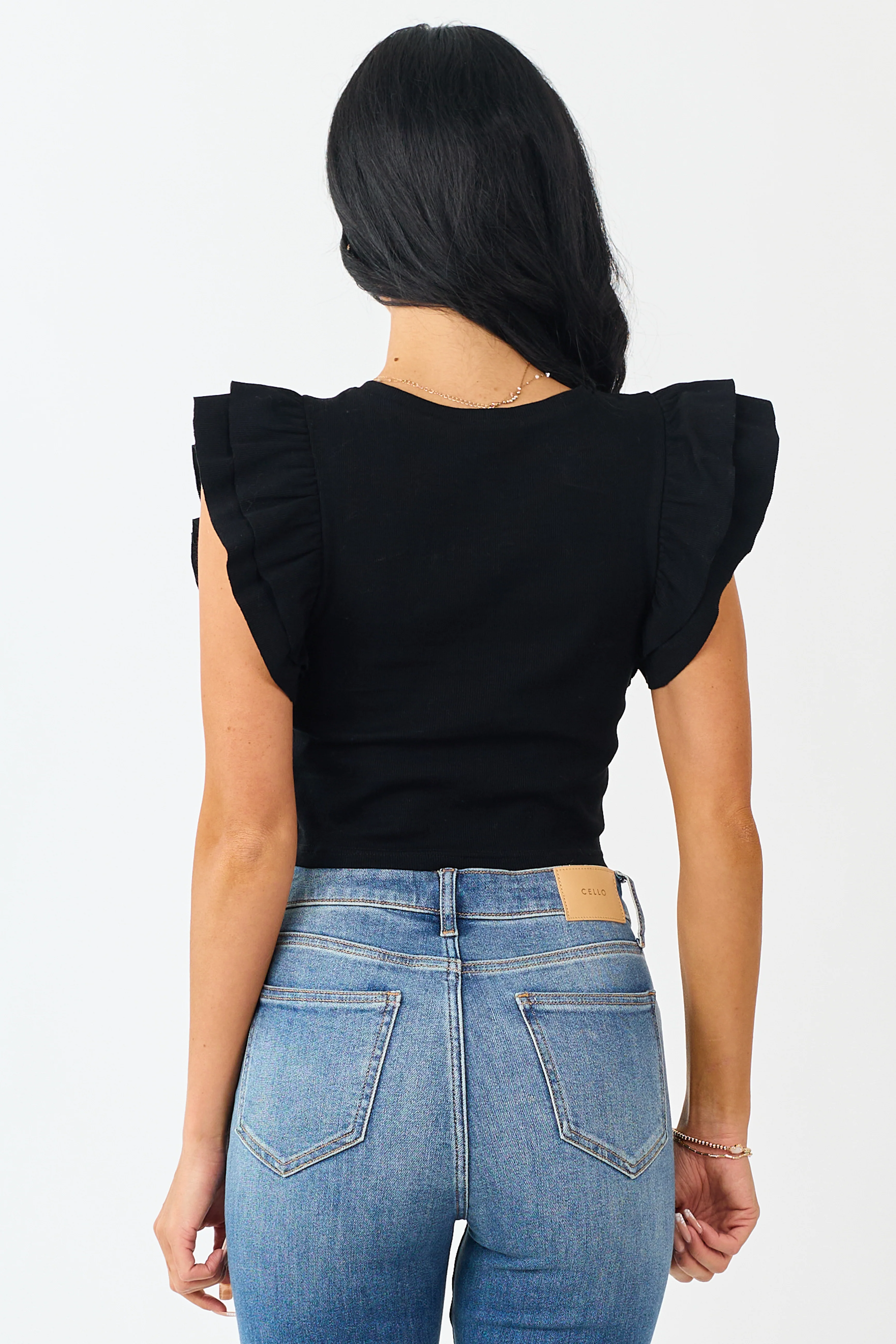 Black Rib Knit Ruffle Cap Sleeve Crop Top - Image 5