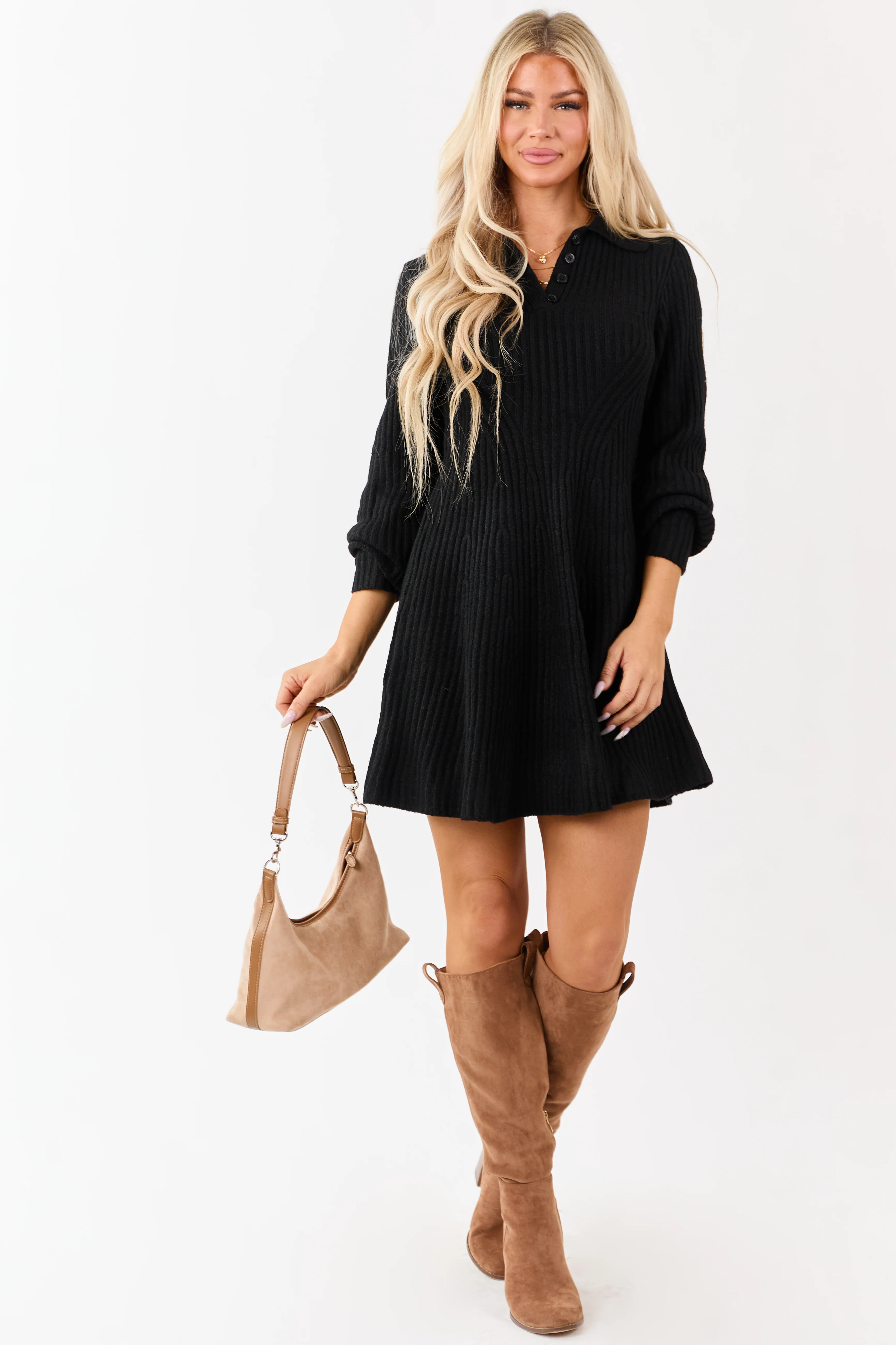 Black Ribbed Knit Wool Blend Short Sweater Dress - Image 3