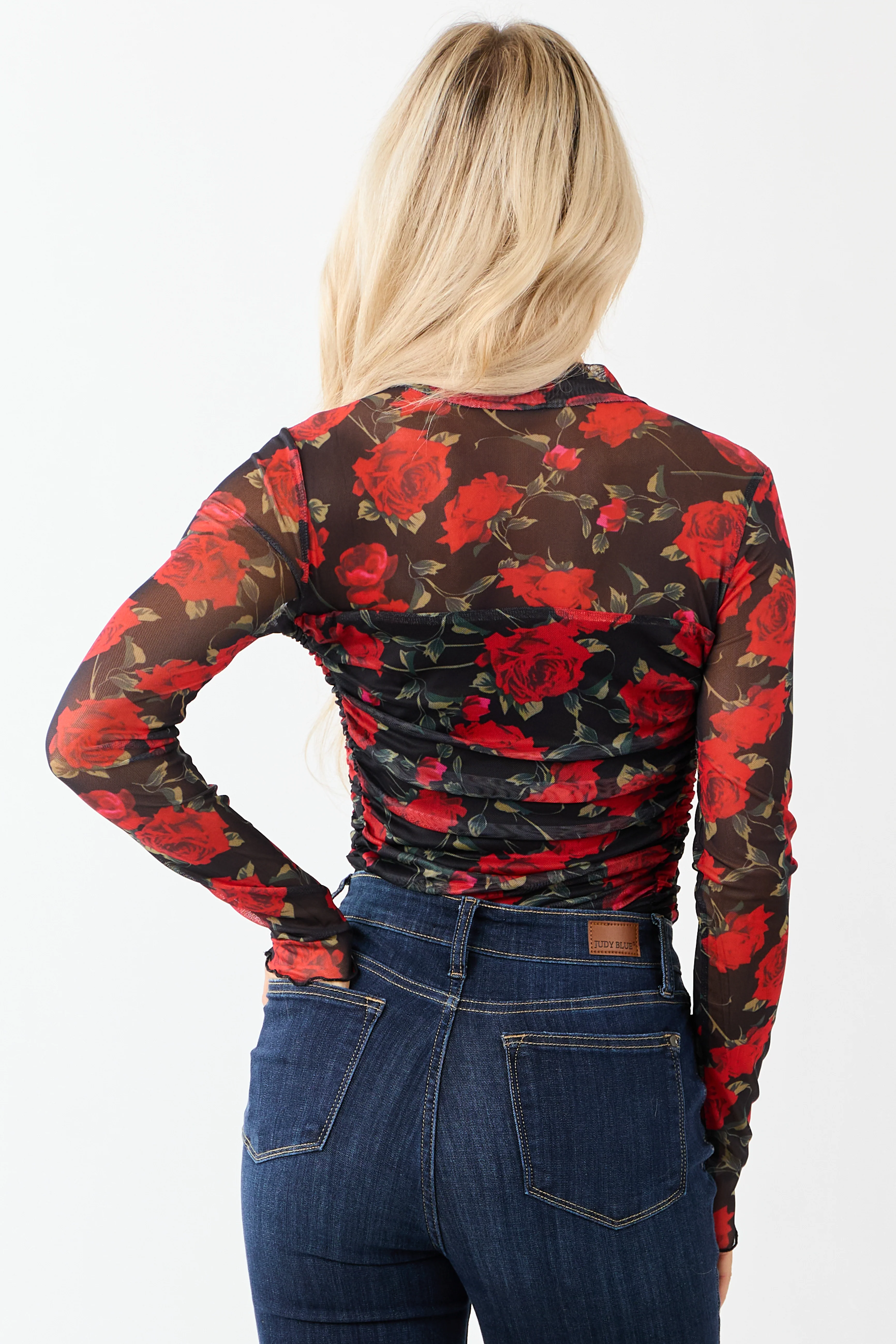 Black Rose Print Mesh Ruched Mock Neck Bodysuit - Image 6