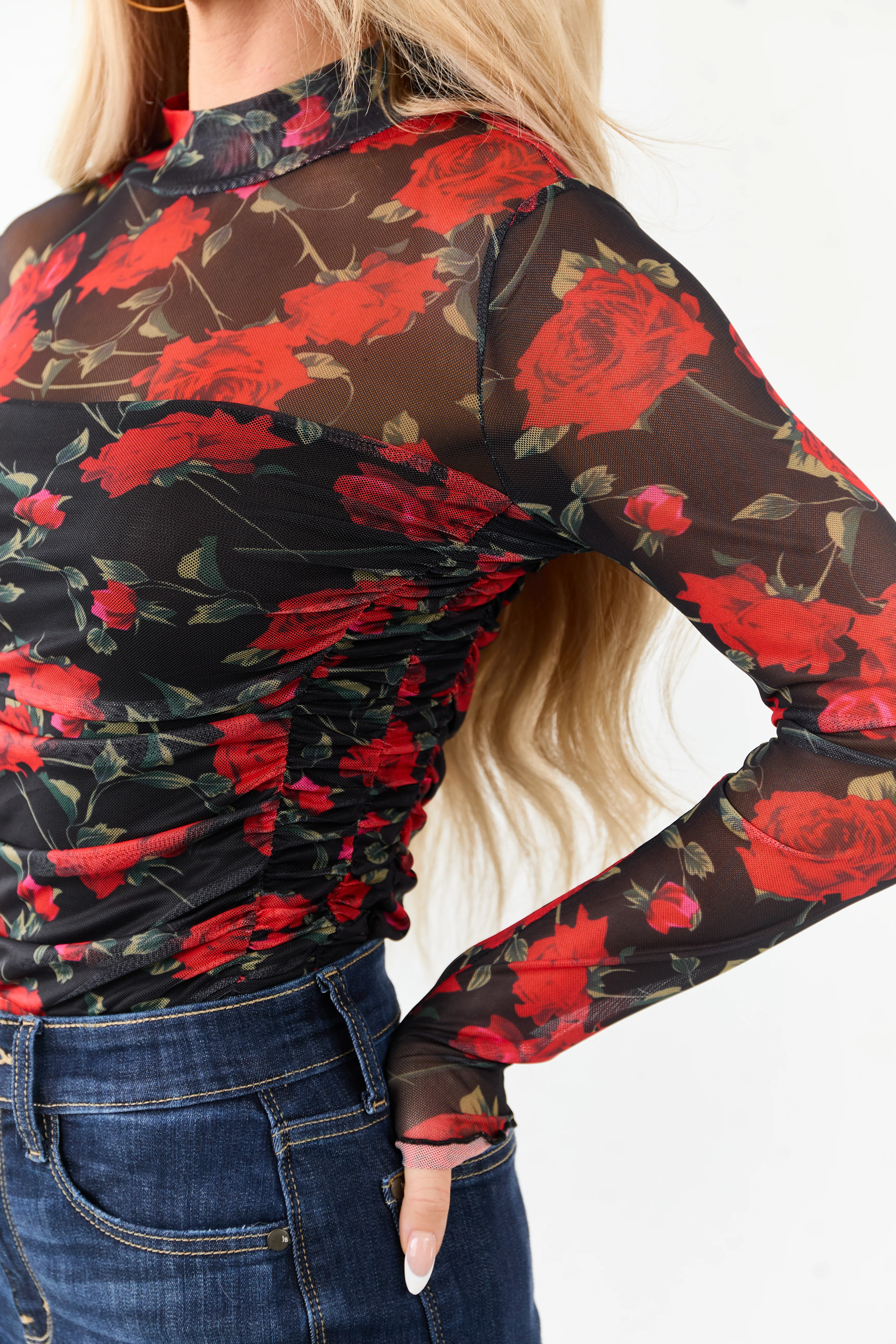 Black Rose Print Mesh Ruched Mock Neck Bodysuit - Image 7