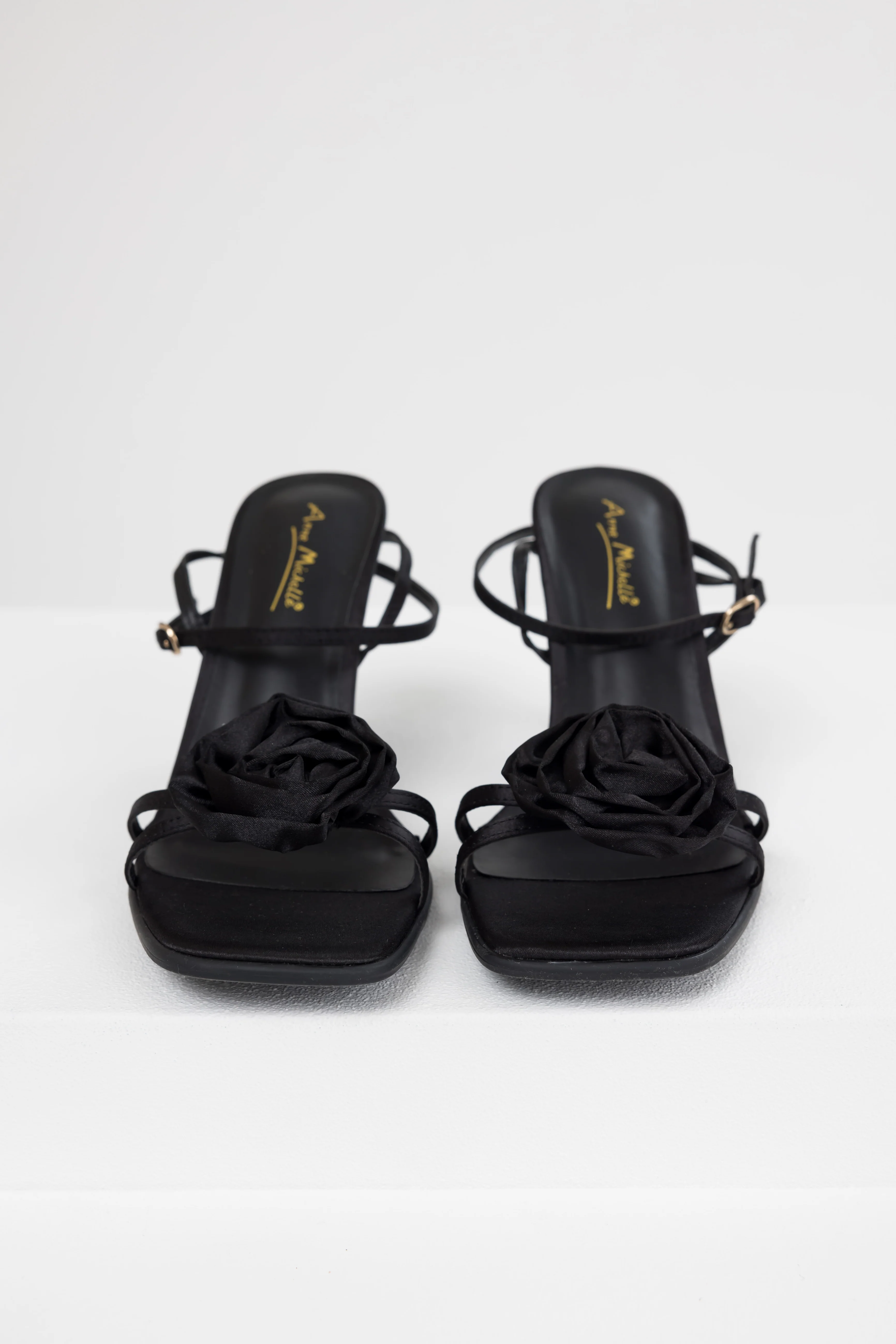Black Satin Flower Strap Dress Heels - Image 2
