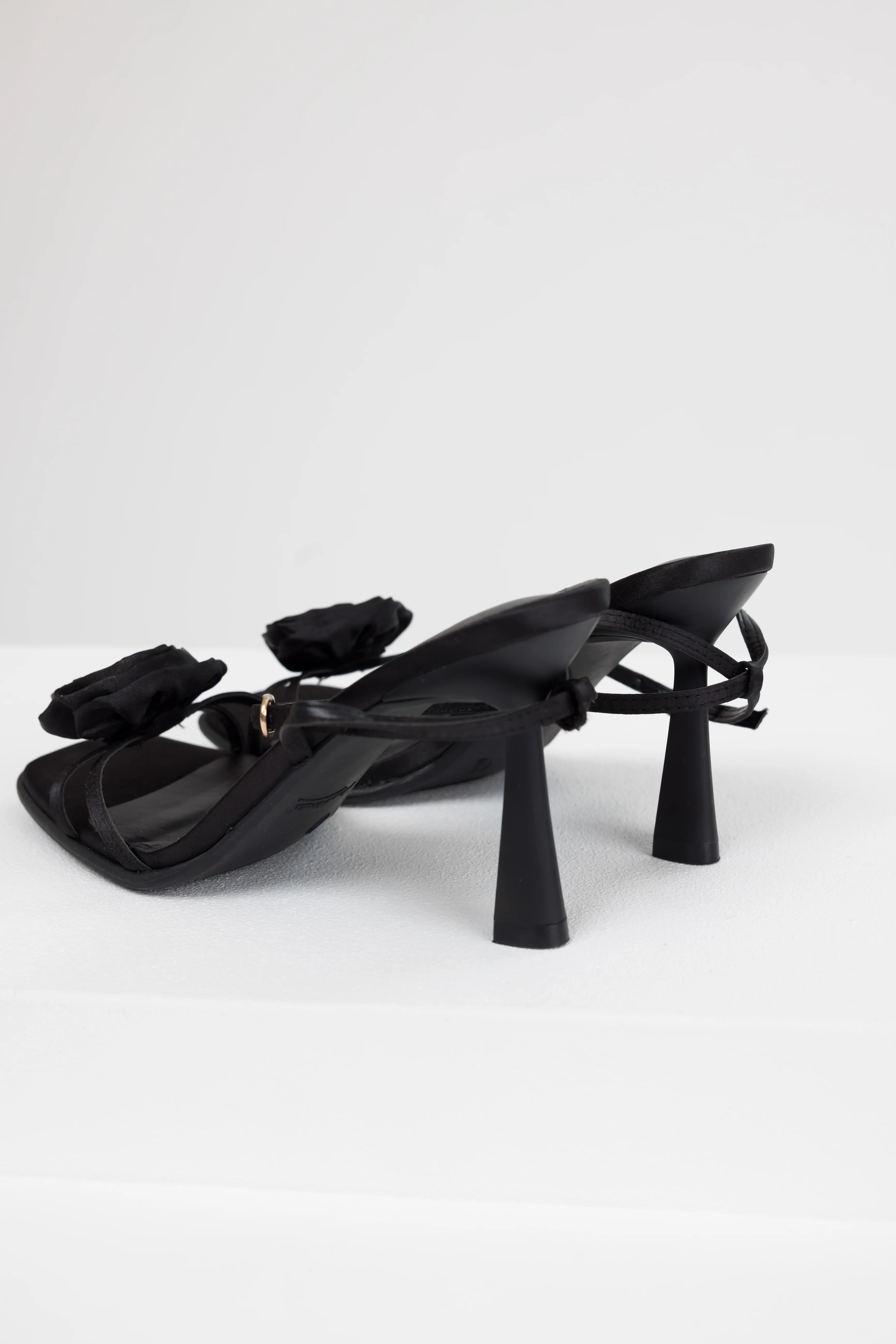 Black Satin Flower Strap Dress Heels - Image 3