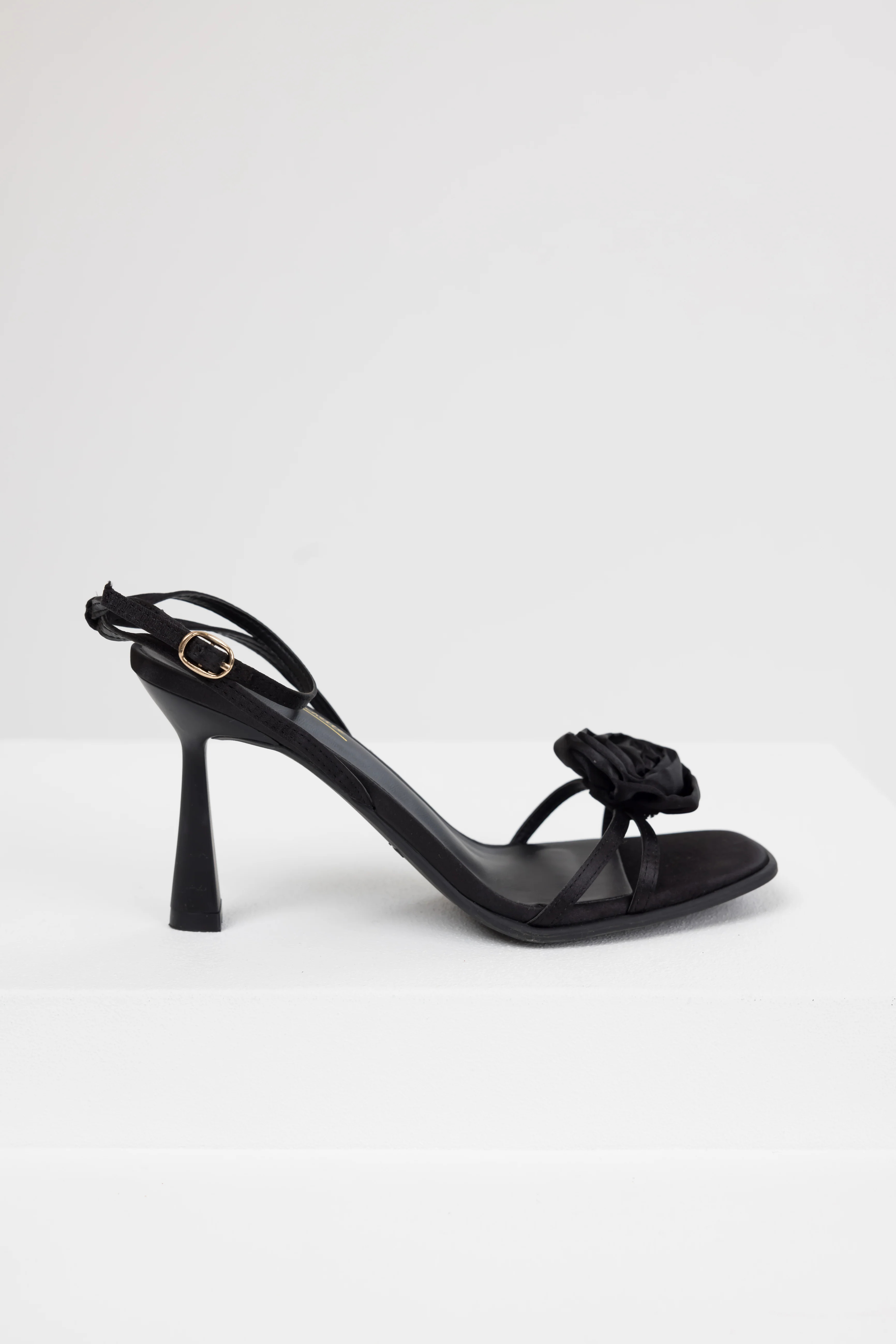 Black Satin Flower Strap Dress Heels - Image 5