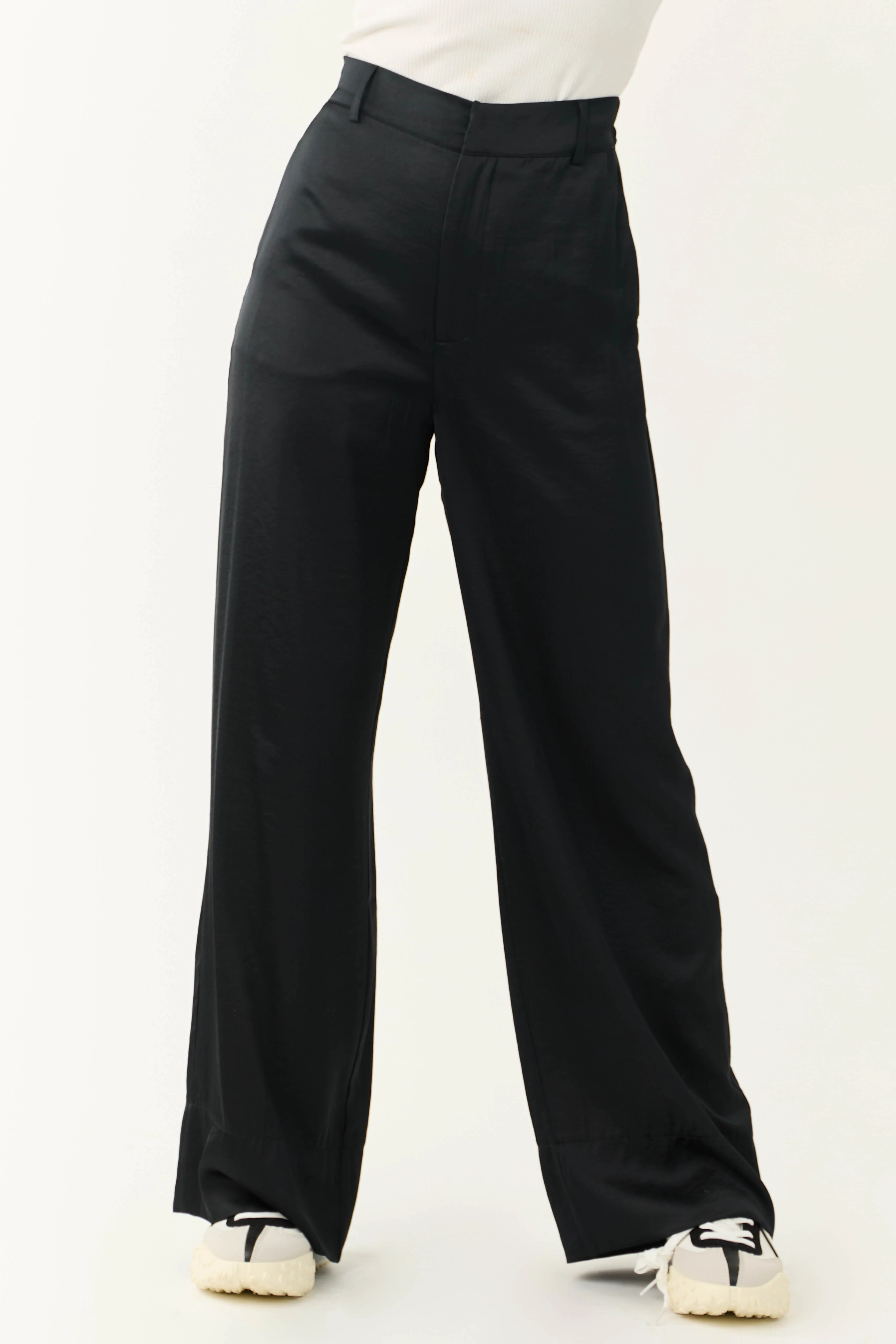 Black Satin High Waist Wide Leg Pants - Image 2