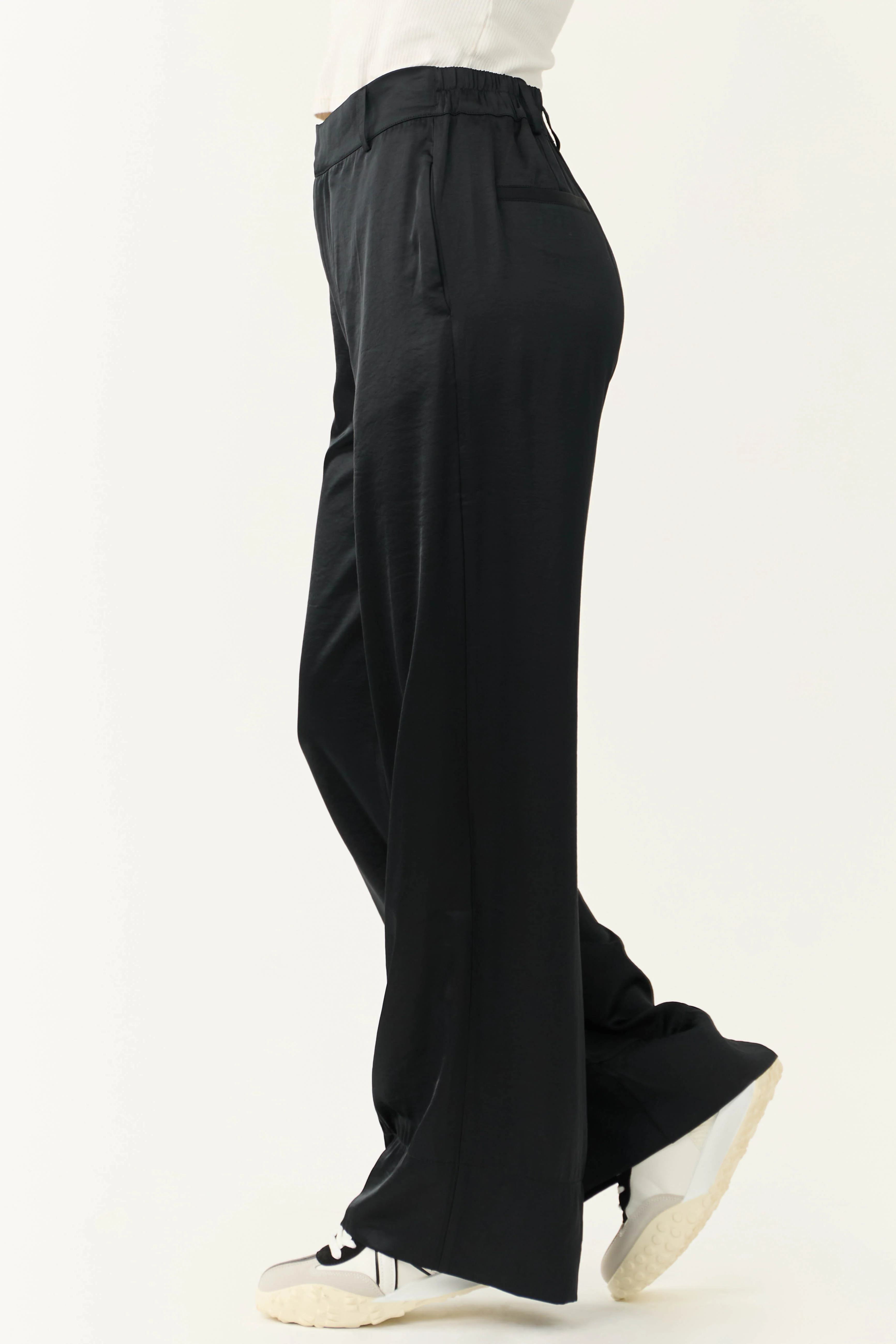 Black Satin High Waist Wide Leg Pants - Image 3