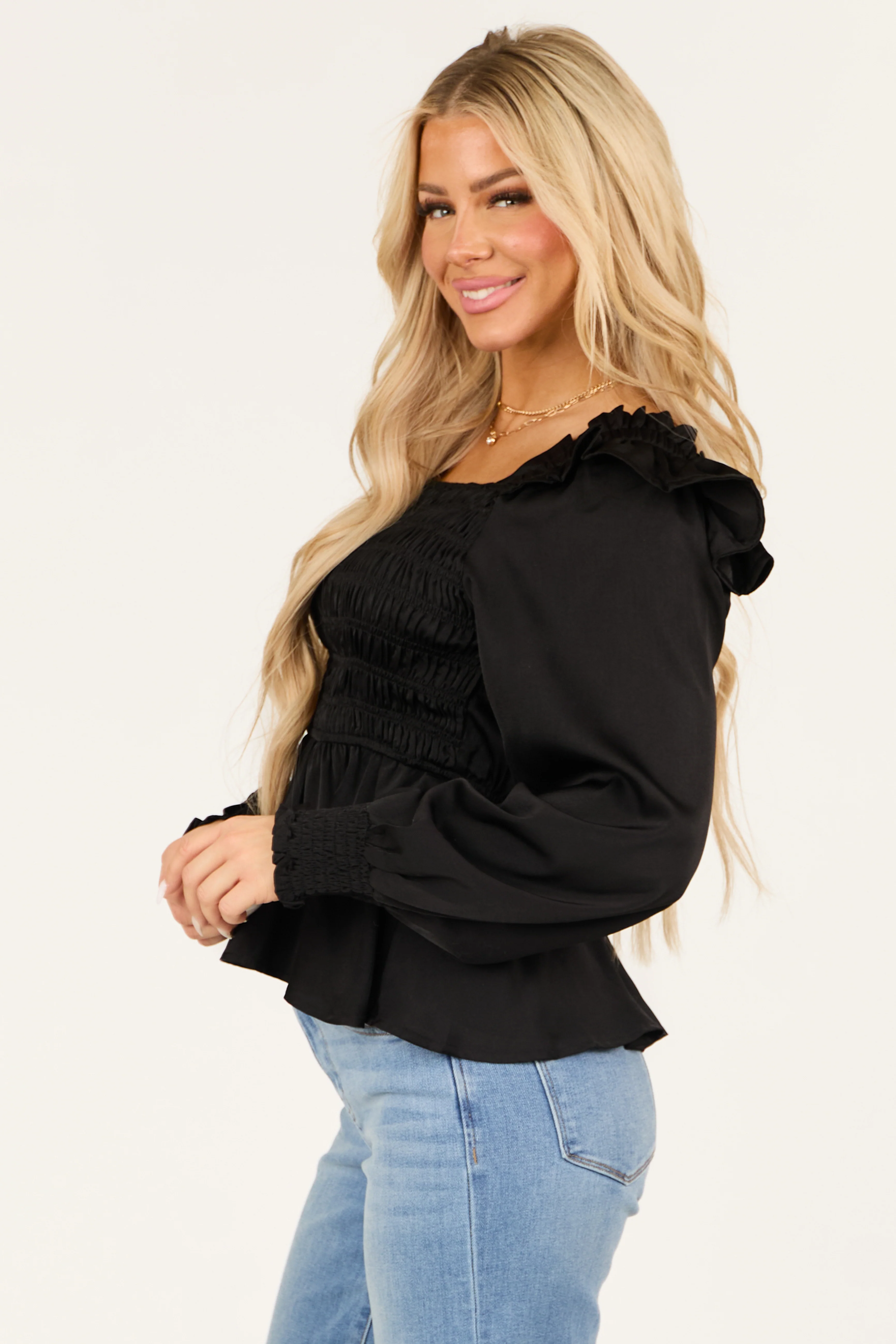 Black Satin Smocked Ruffle Peplum Square Neck Blouse - Image 5