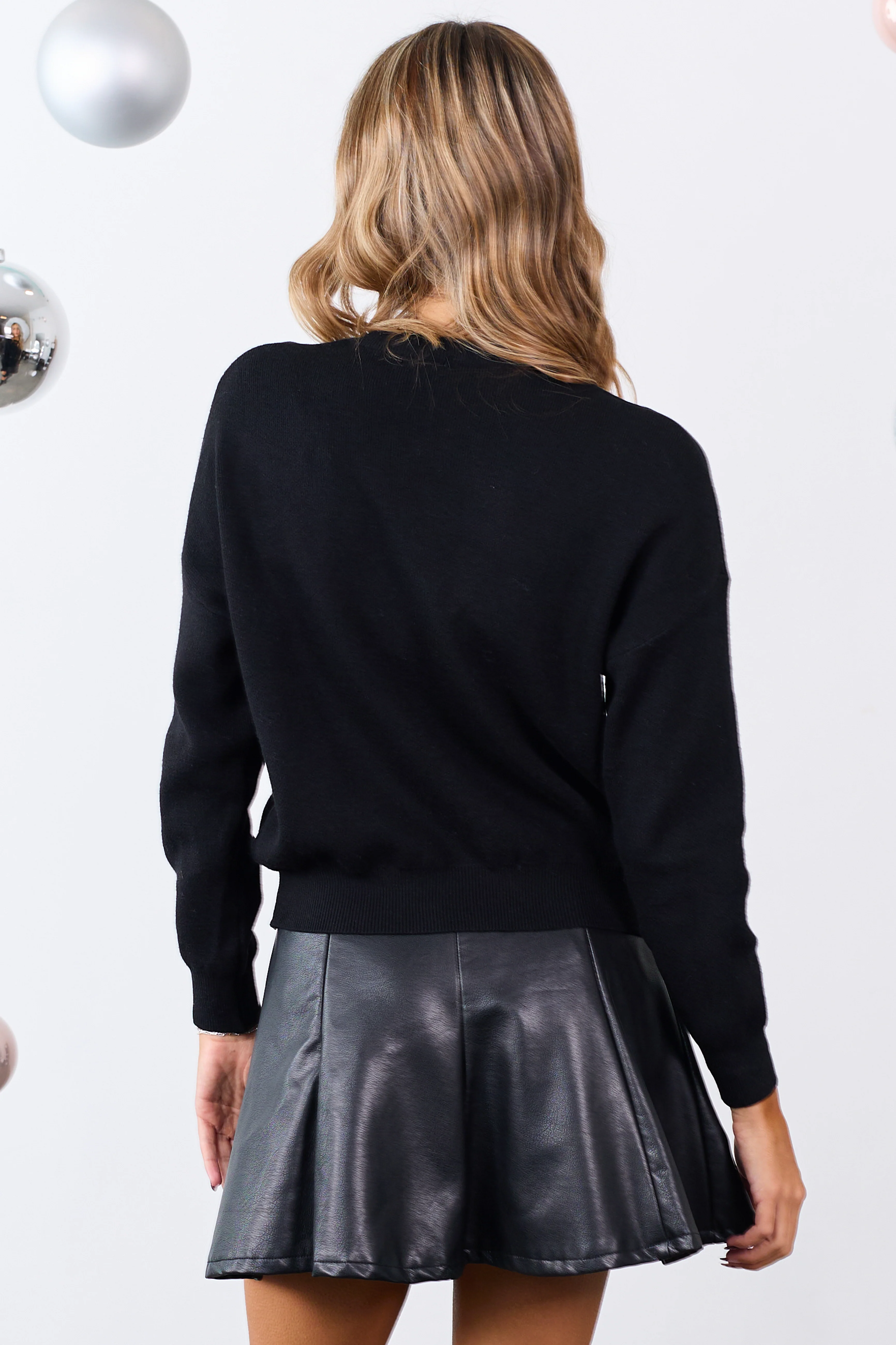 Black Sequin Bow Graphic Knit Sweater - Image 6