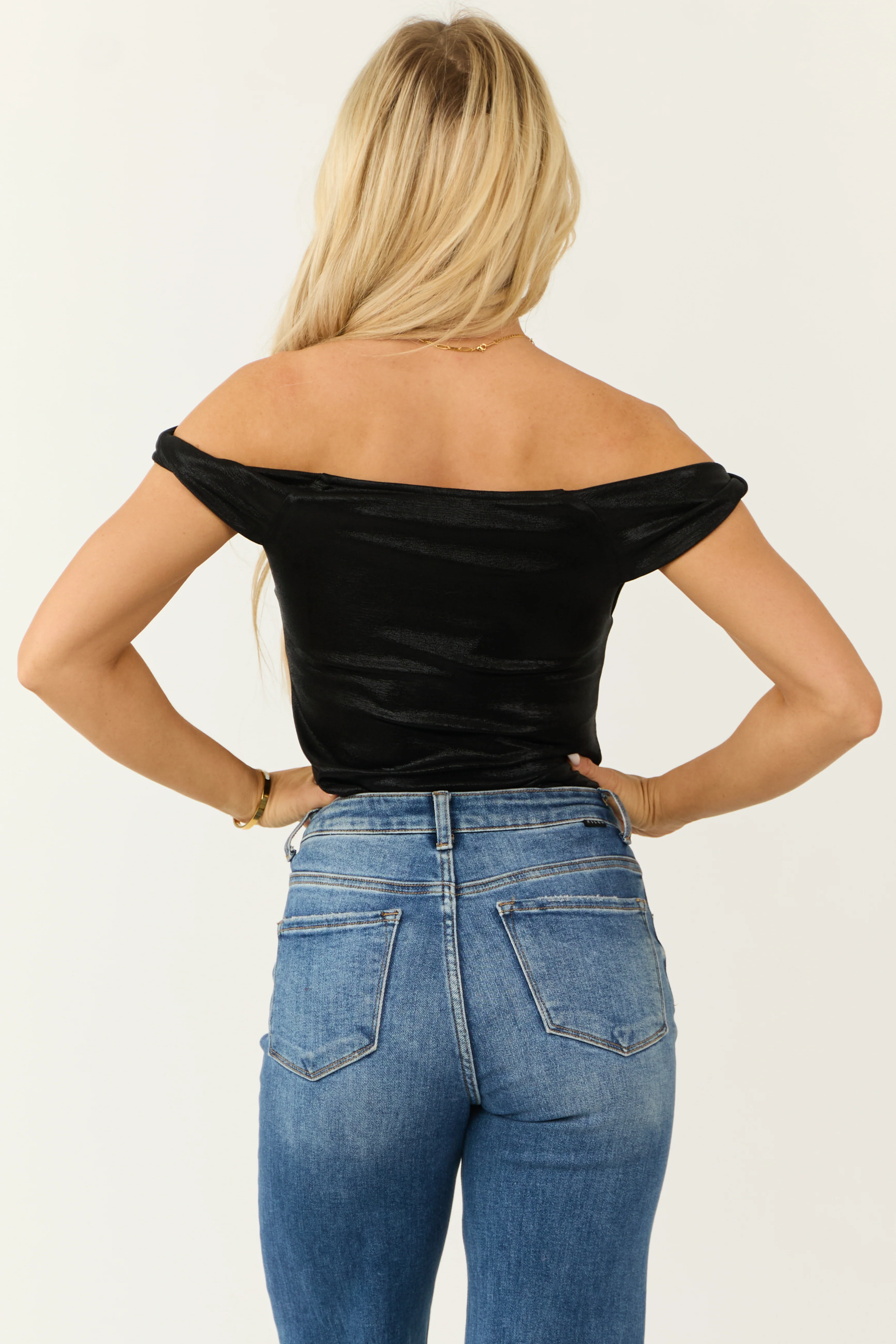 Black Shimmer Knit Off the Shoulder Bodysuit - Image 6