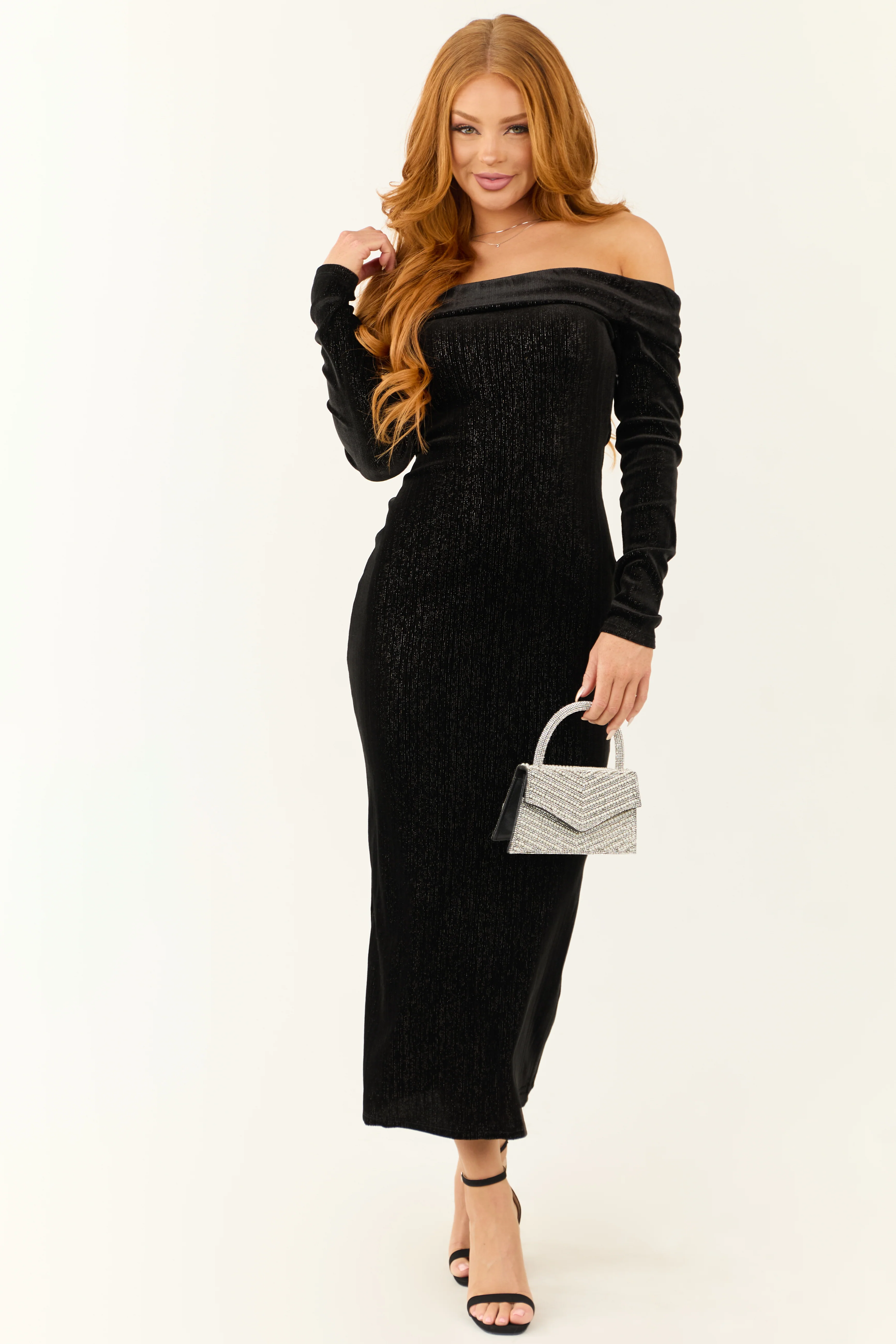 Black Shimmery Velvet Off Shoulder Midi Dress - Image 4