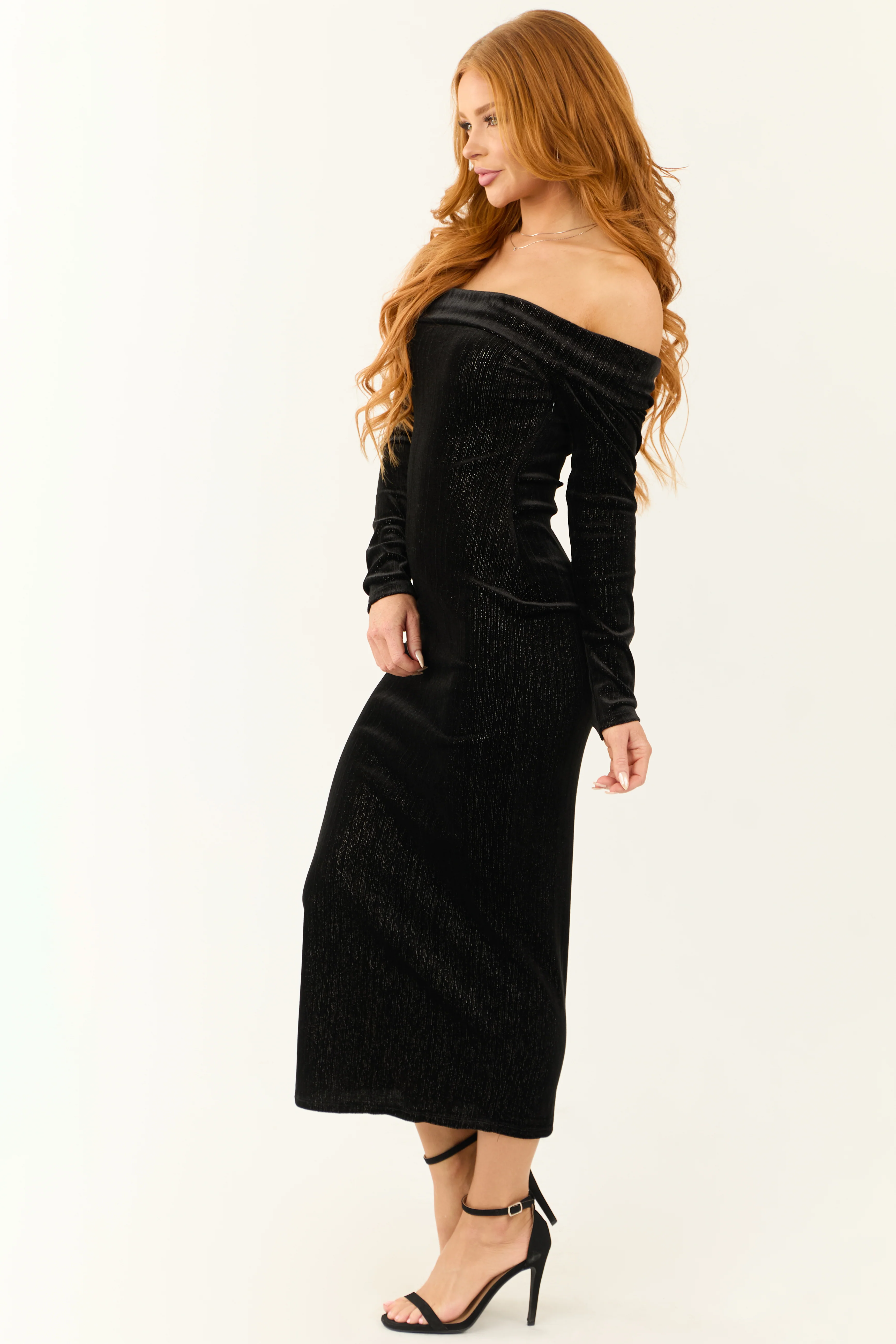 Black Shimmery Velvet Off Shoulder Midi Dress - Image 5