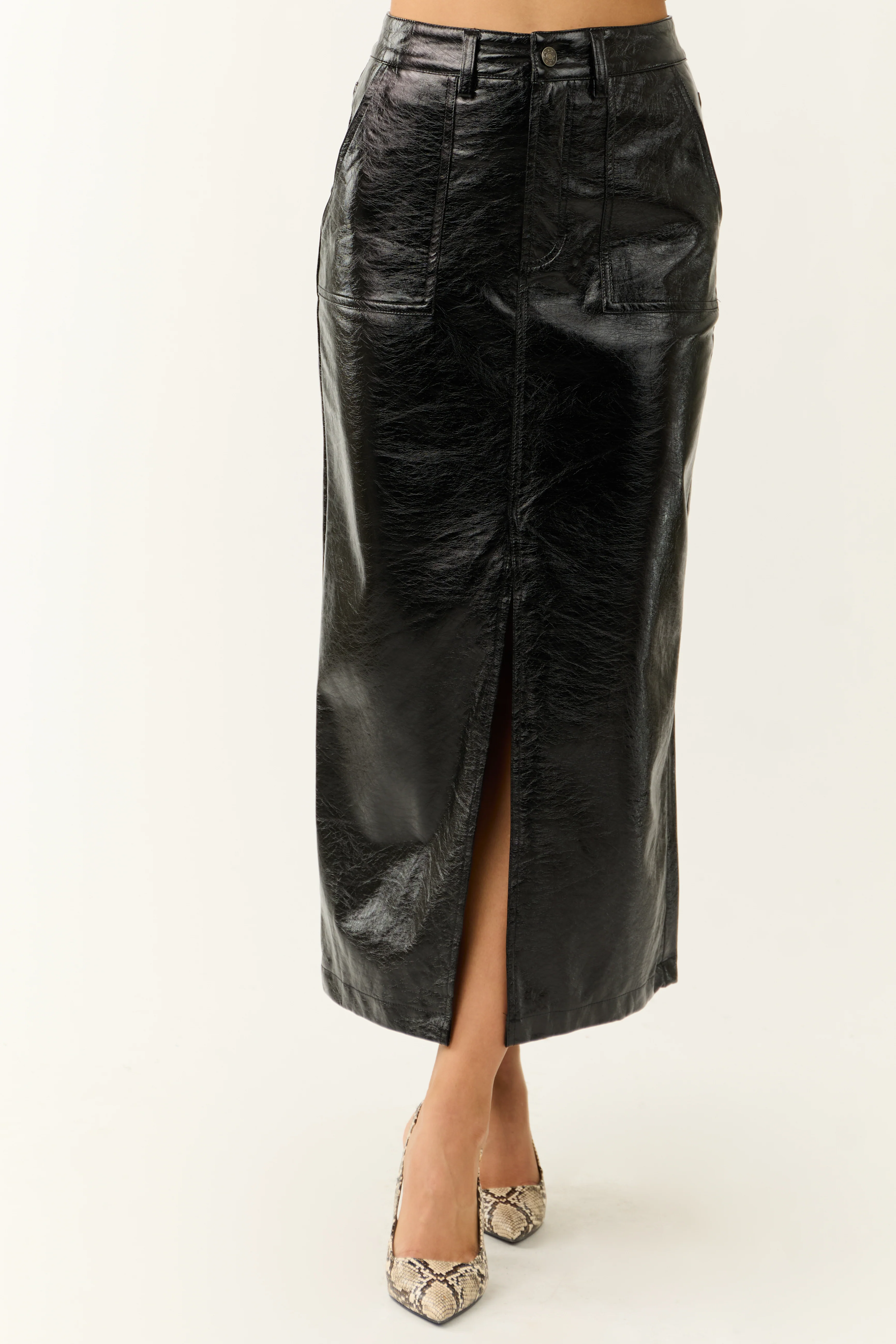 Black Shiny Faux Leather Front Slit Midi Skirt - Image 2