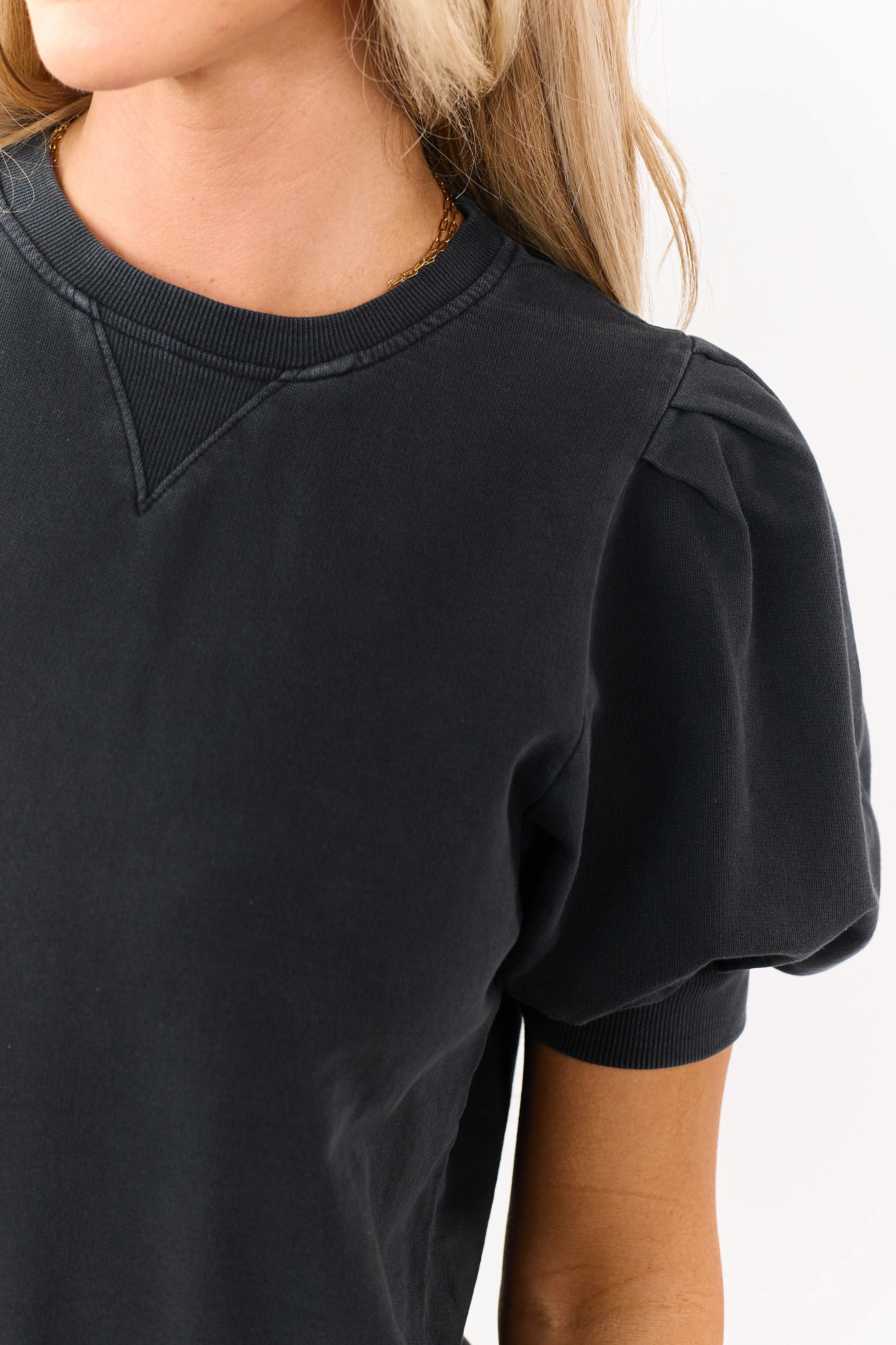 Black Short Puff Sleeve V Stitch Cotton Top - Image 6
