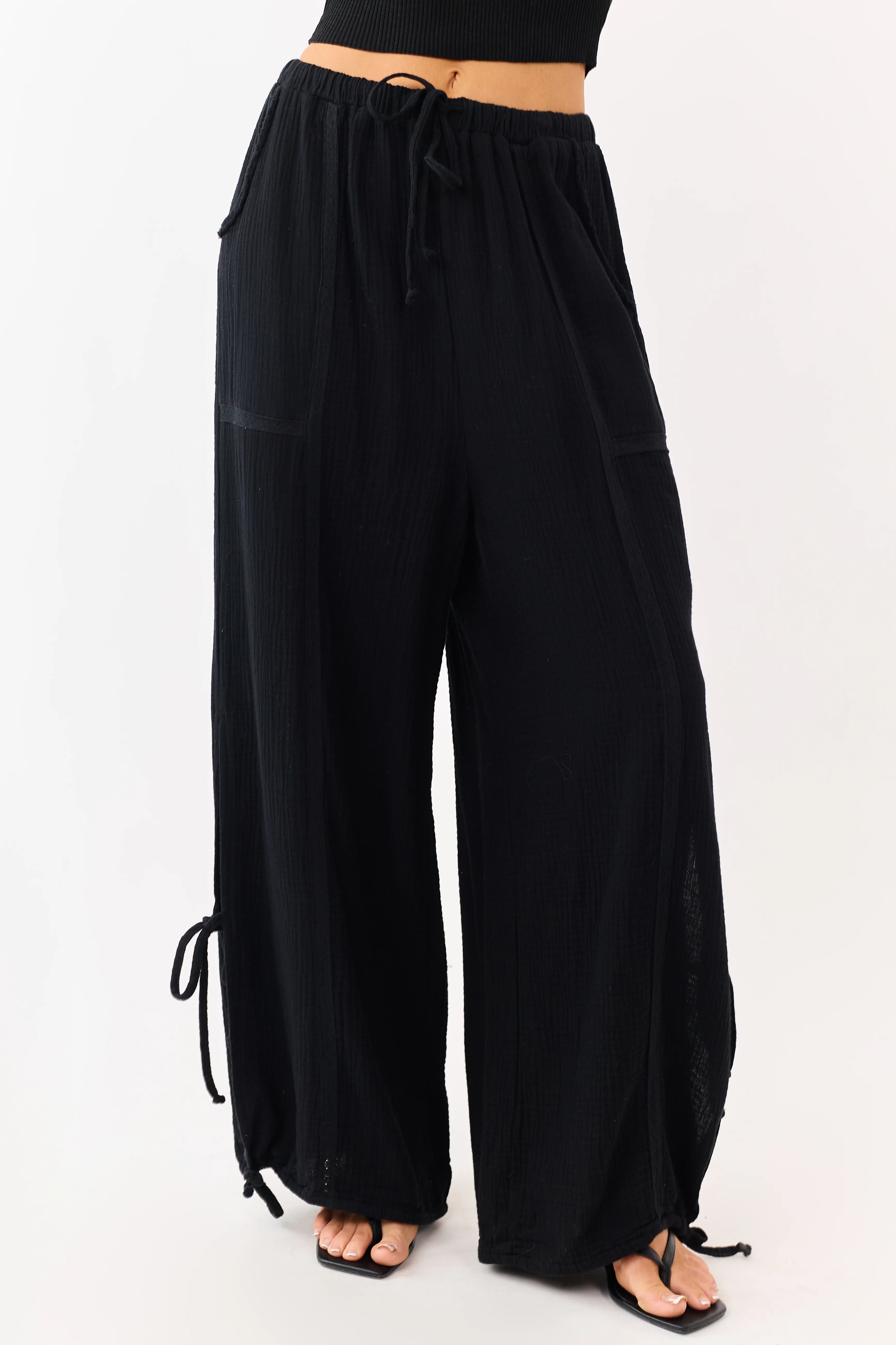 Black Side Tie Cotton Gauze Wide Leg Pants - Image 2