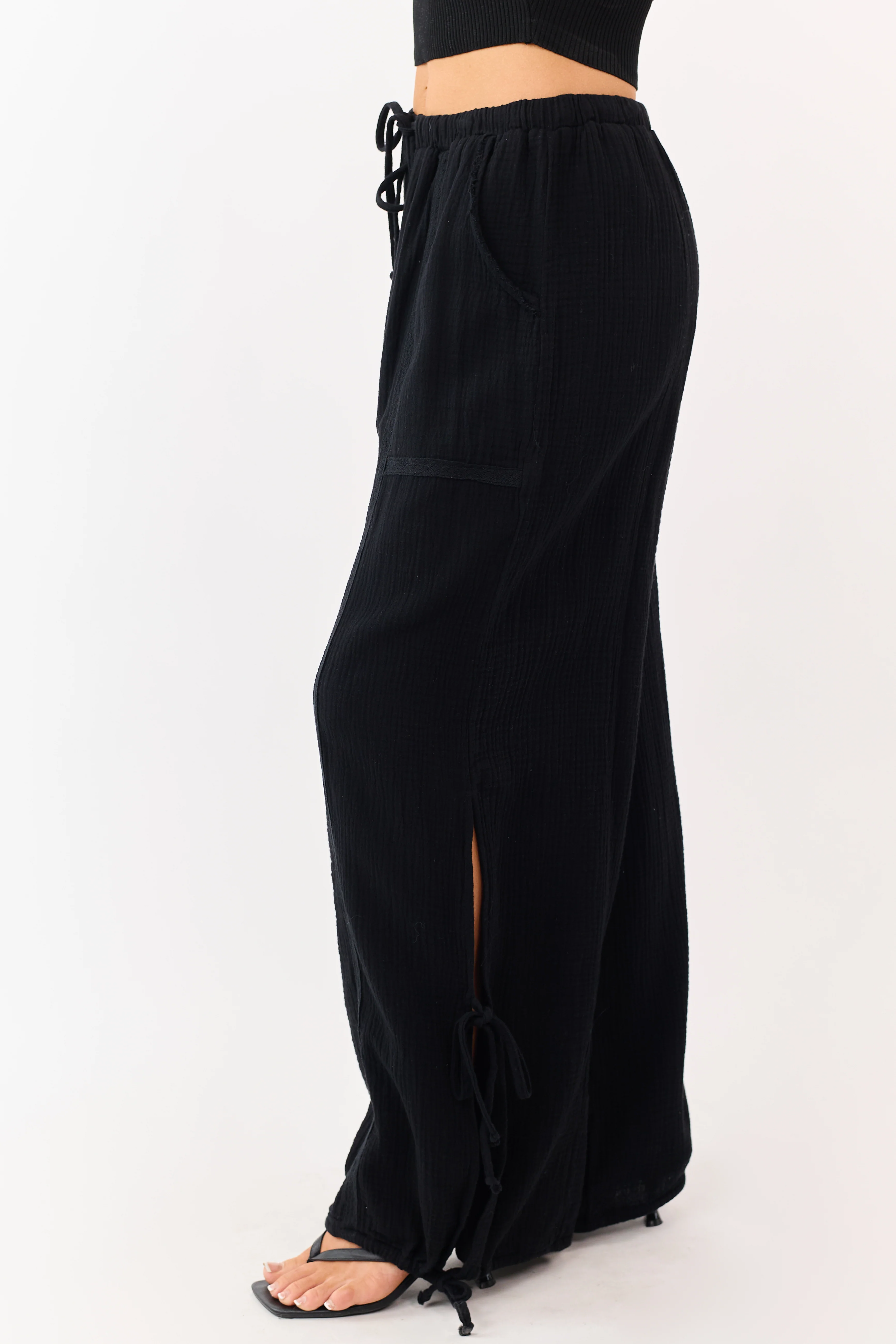 Black Side Tie Cotton Gauze Wide Leg Pants - Image 3