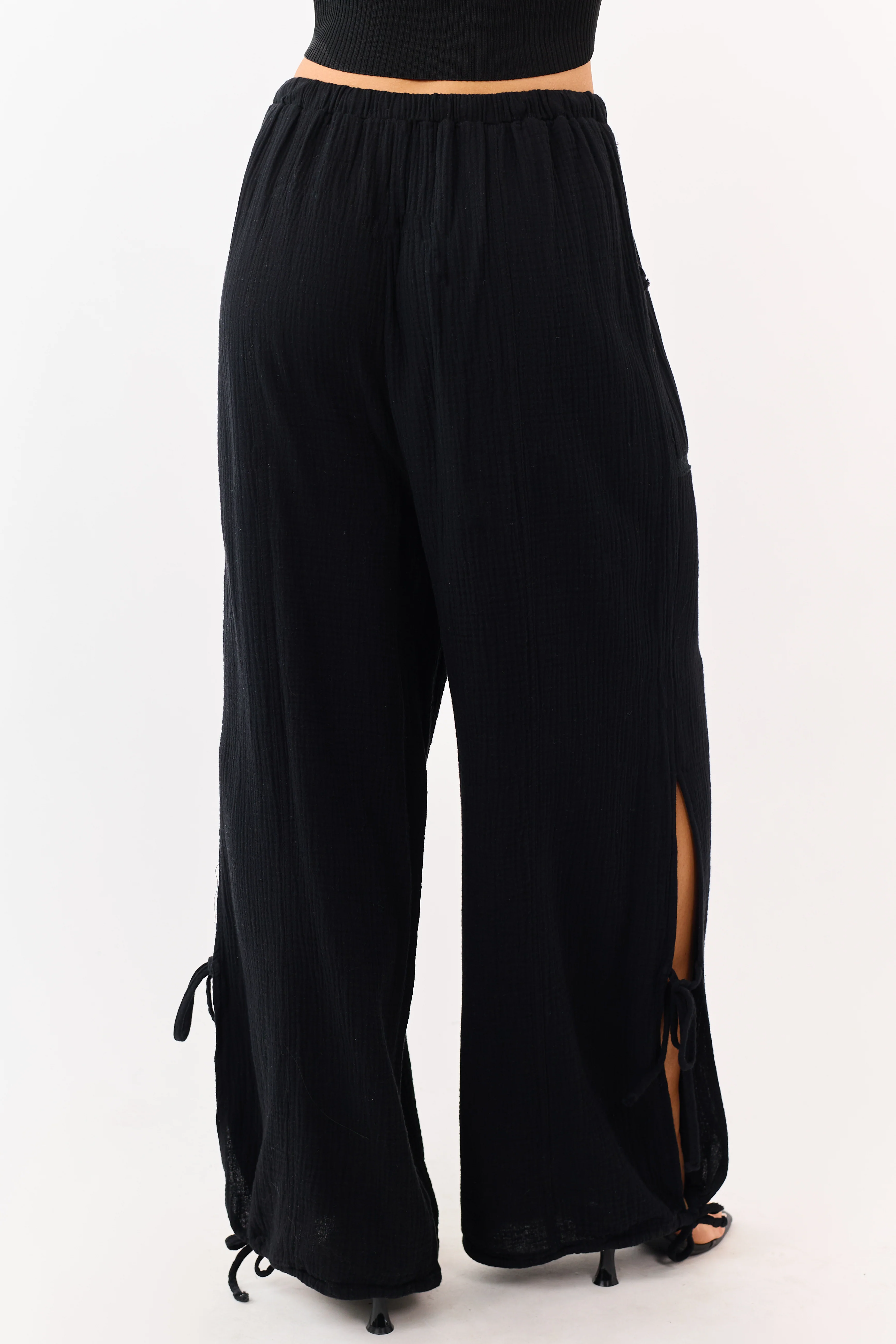 Black Side Tie Cotton Gauze Wide Leg Pants - Image 4
