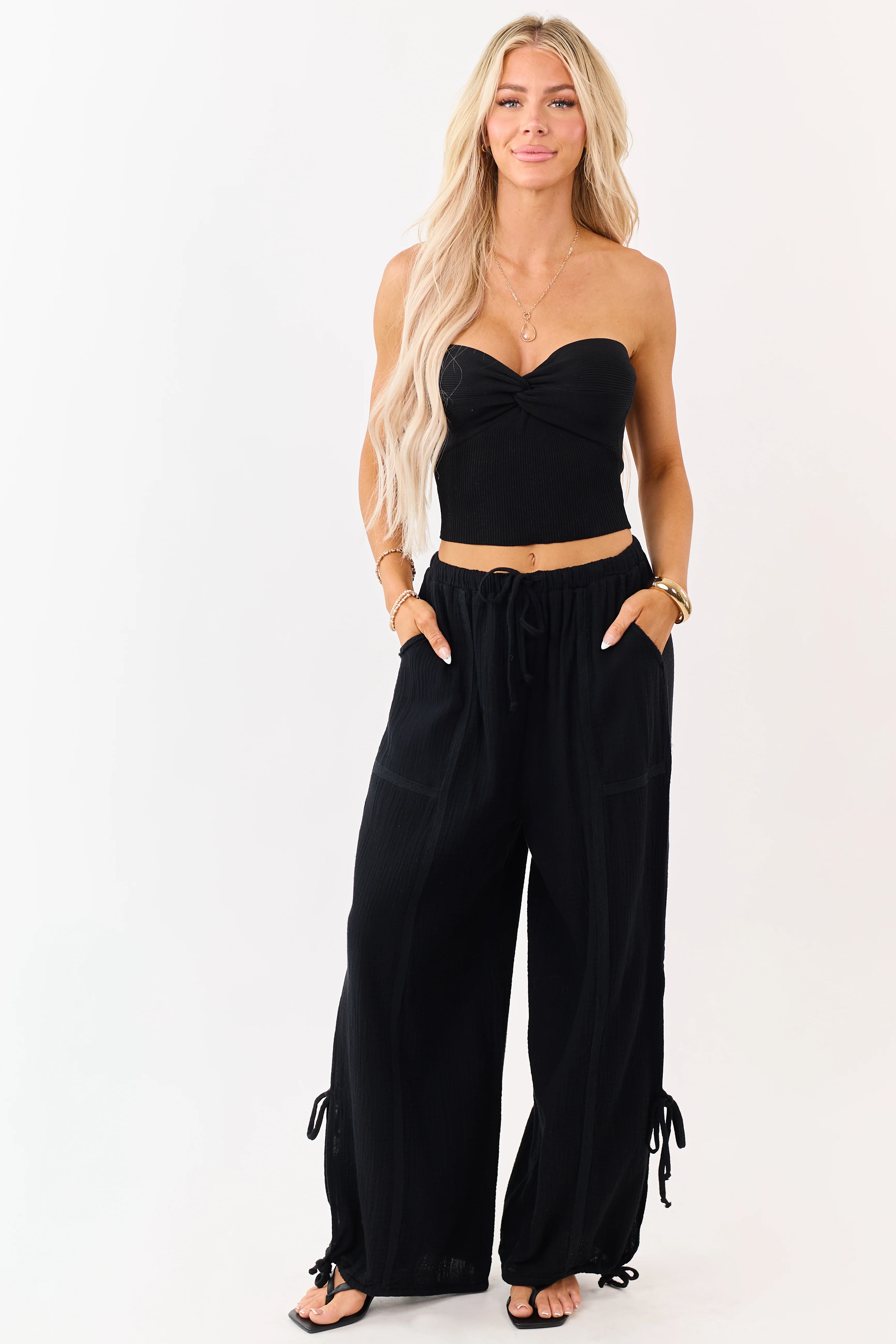 Black Side Tie Cotton Gauze Wide Leg Pants - Image 5