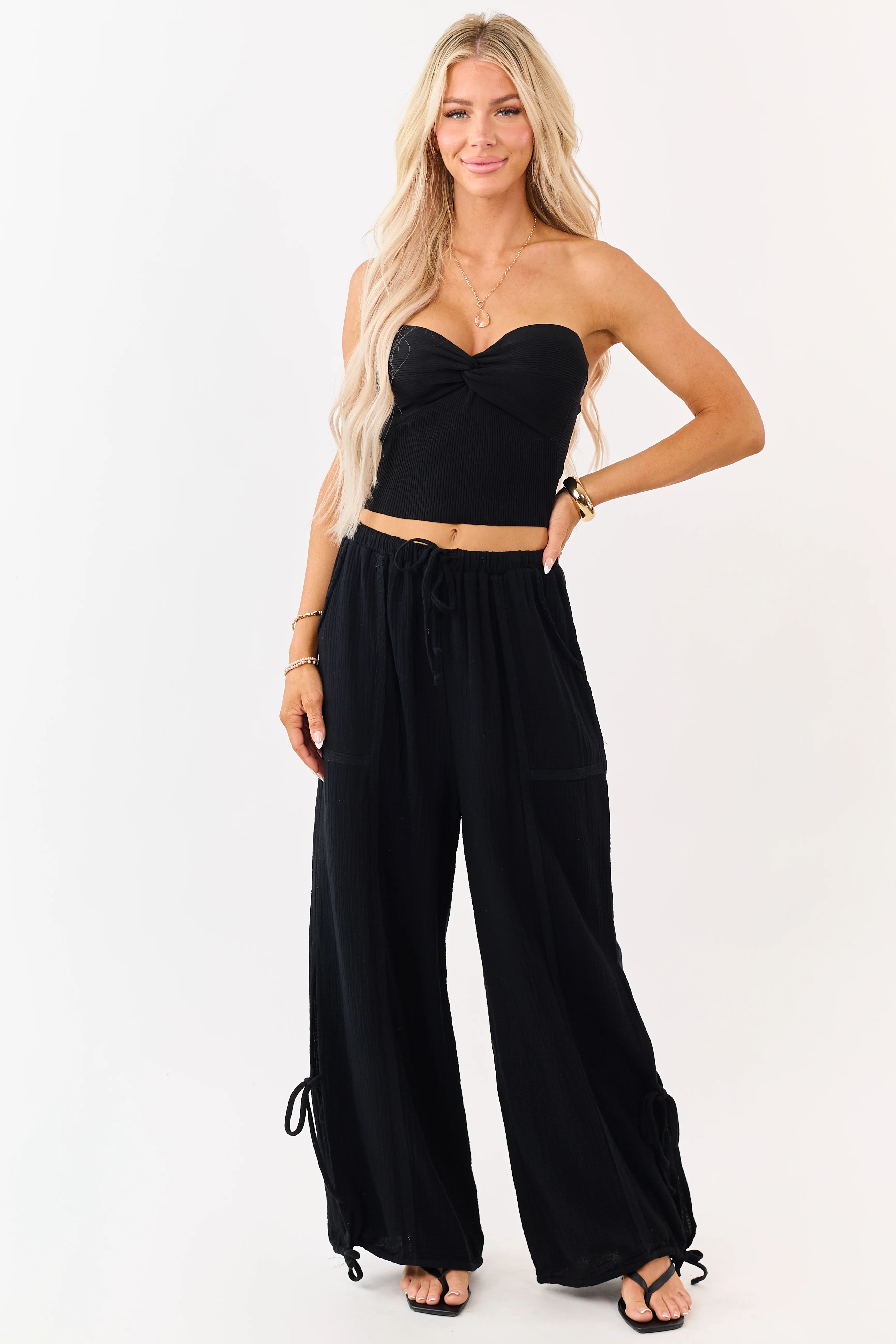Black Side Tie Cotton Gauze Wide Leg Pants - Image 7