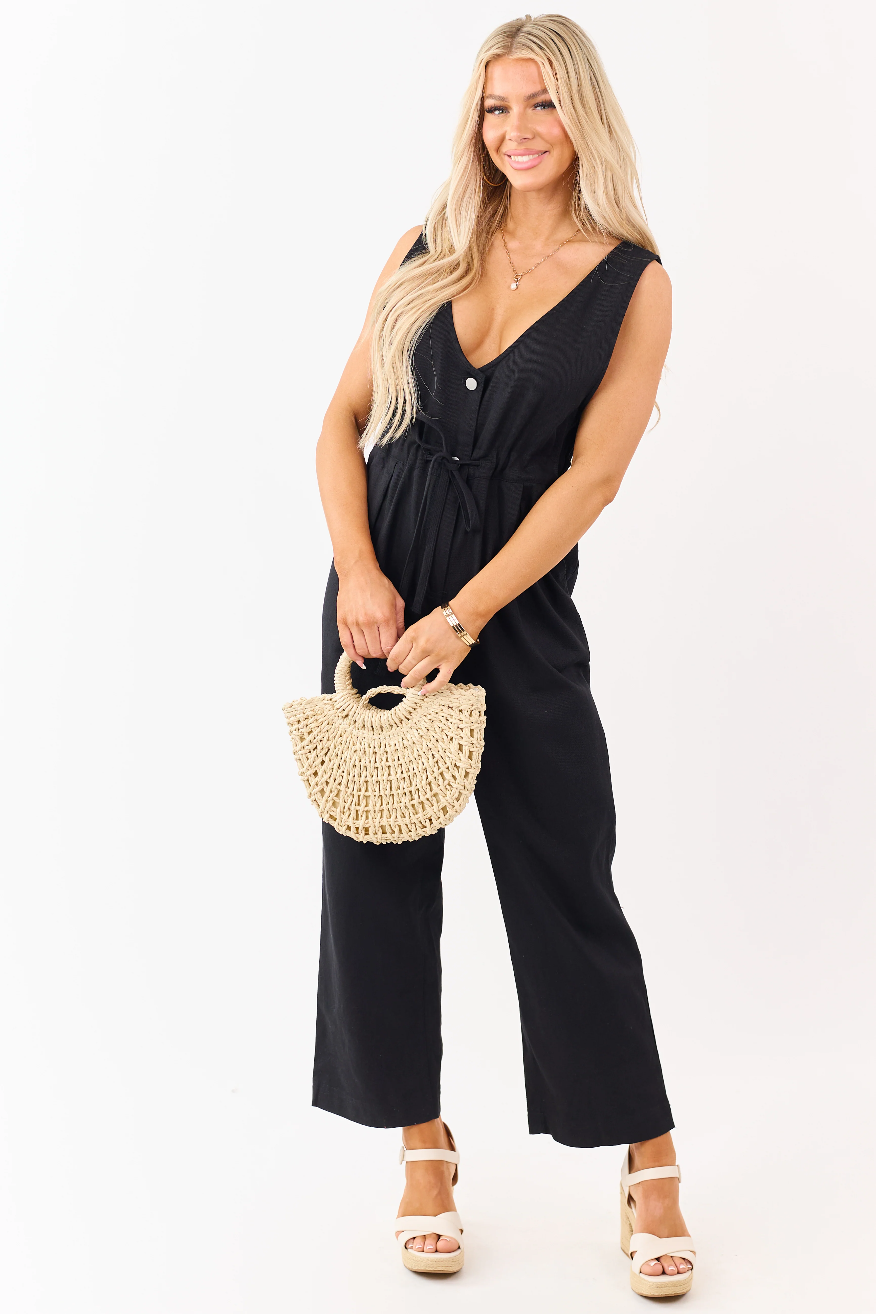 Black Sleeveless Deep V Neck Denim Jumpsuit - Image 2