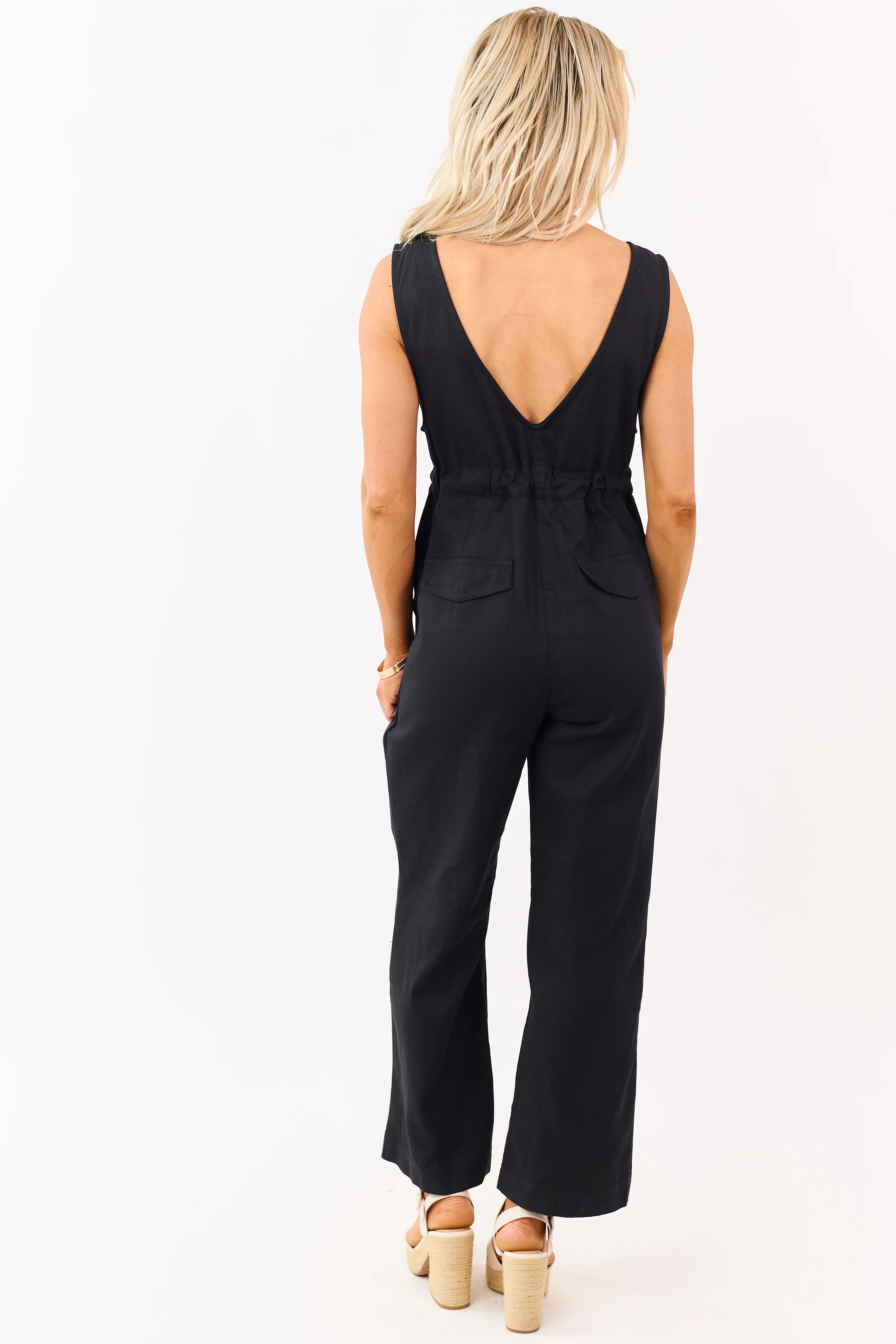 Black Sleeveless Deep V Neck Denim Jumpsuit - Image 5
