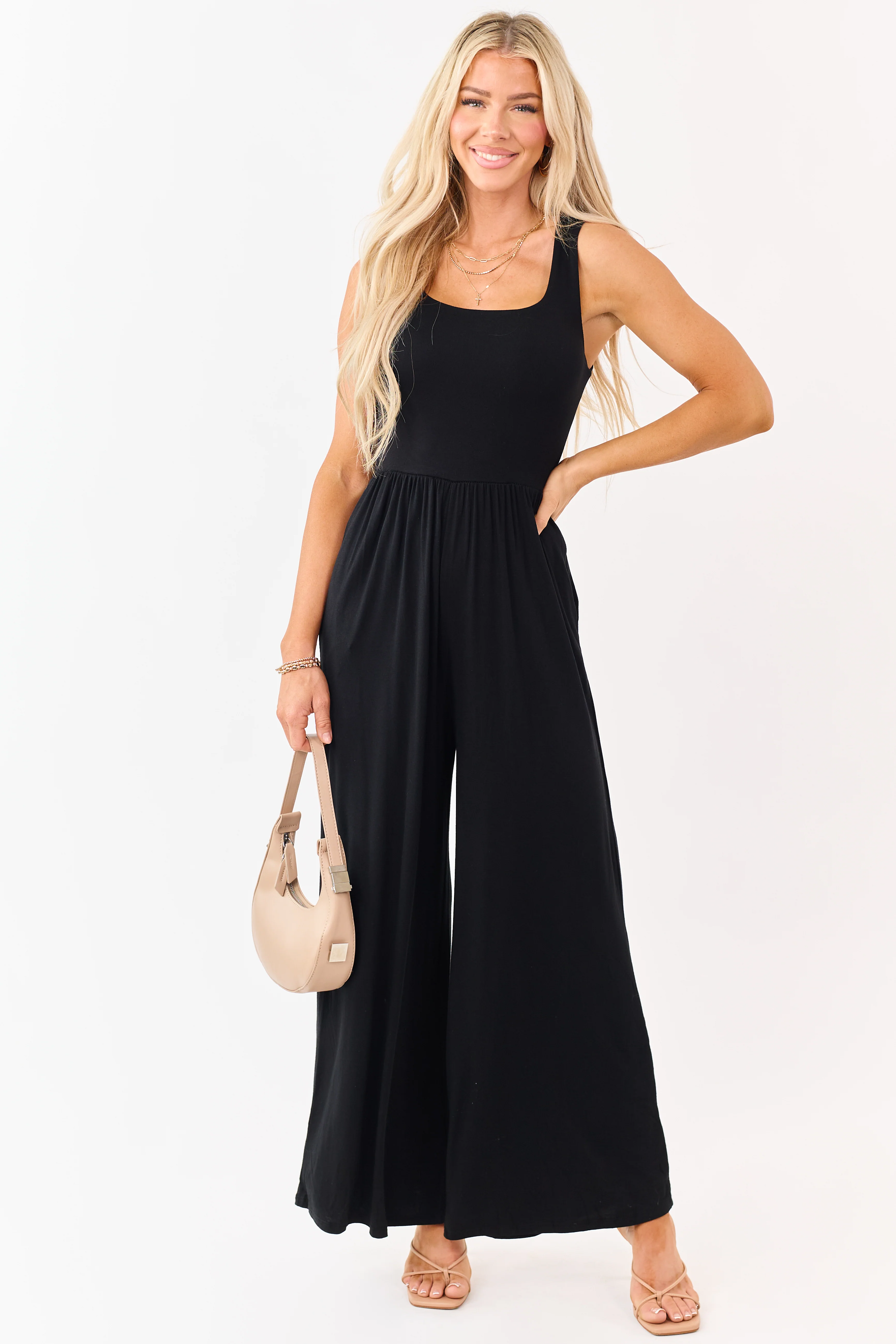 Black Sleeveless Wide Leg Soft Knit Jumpsuit