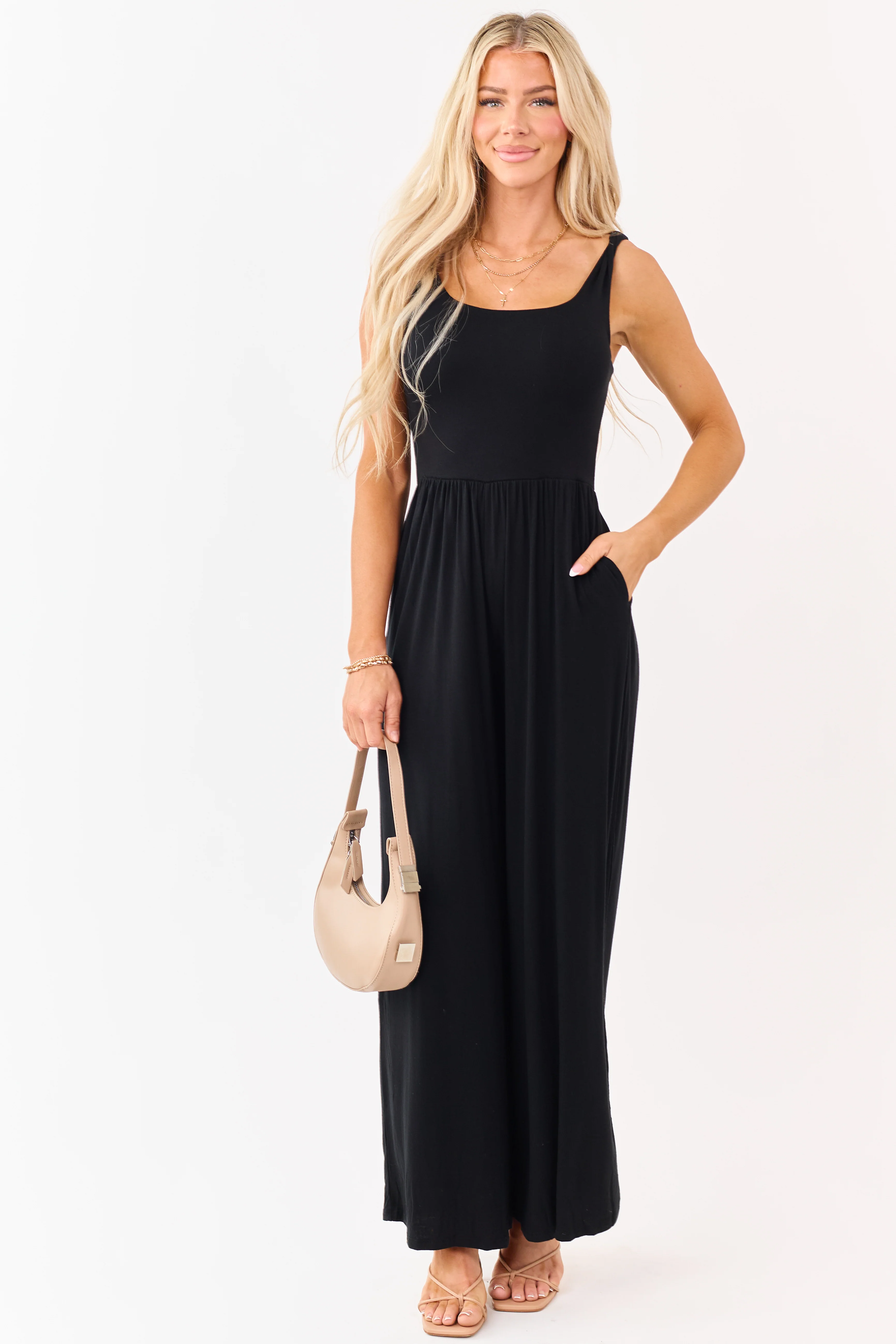 Black Sleeveless Wide Leg Soft Knit Jumpsuit - Image 2