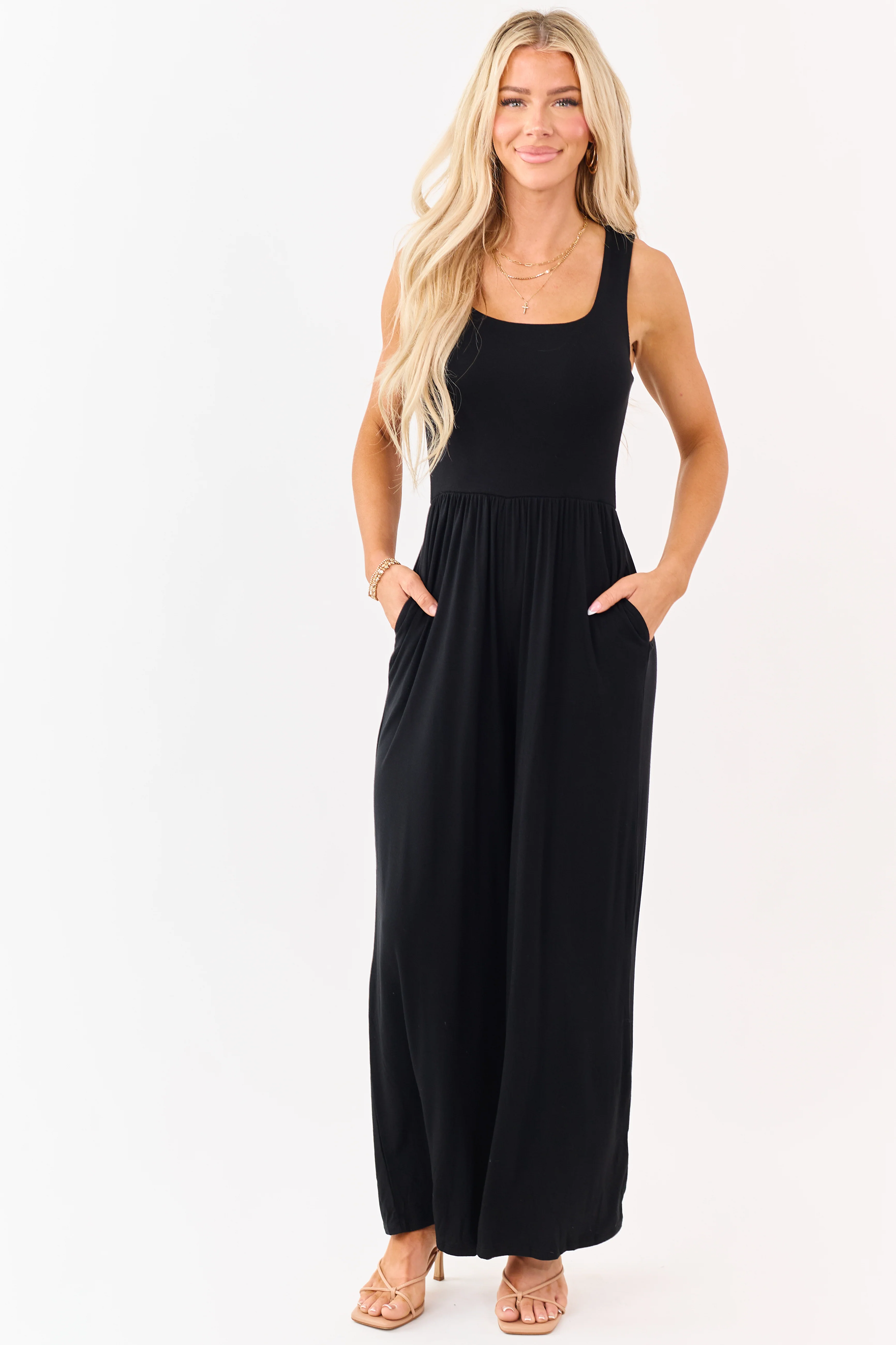 Black Sleeveless Wide Leg Soft Knit Jumpsuit - Image 3
